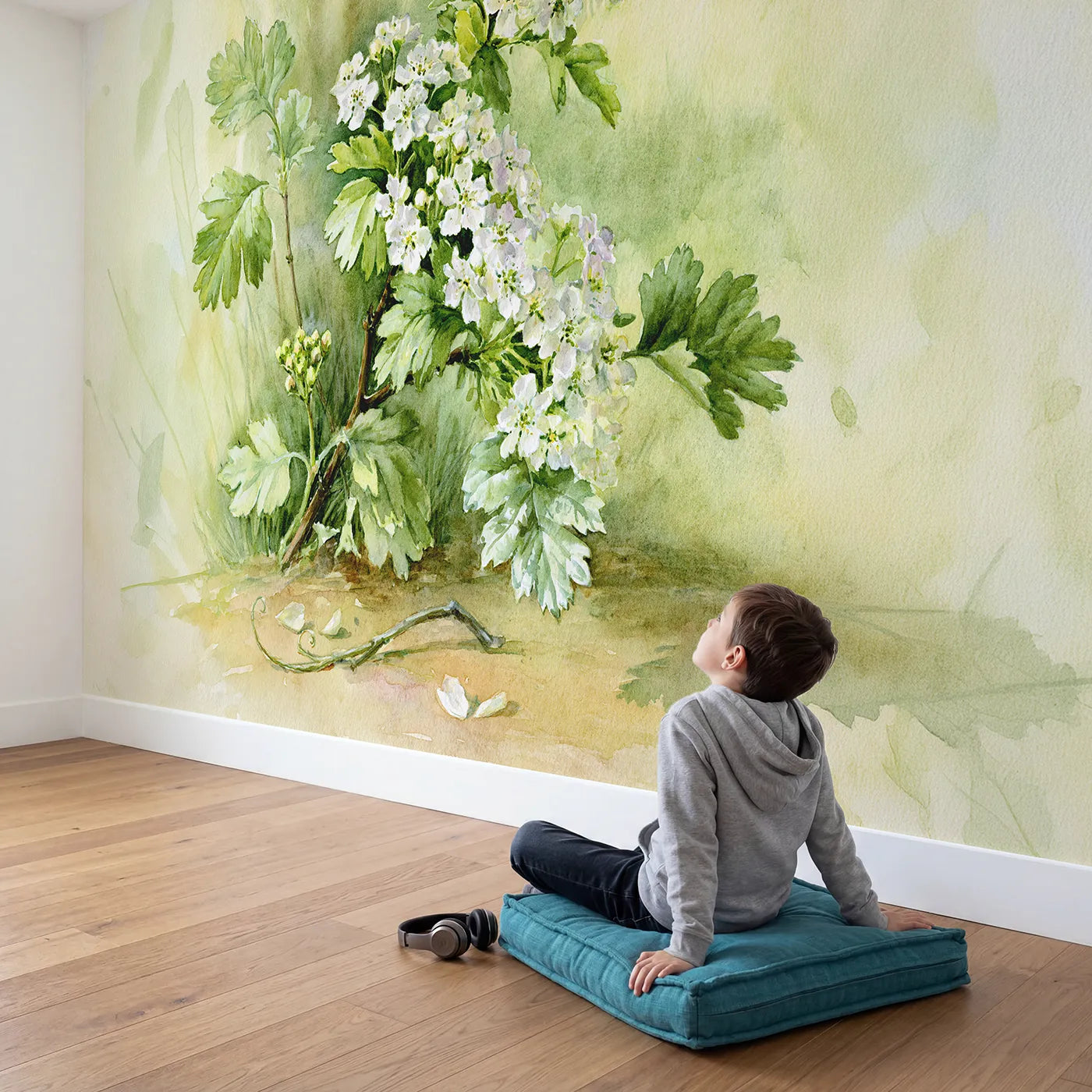 Child in nursery with Hawthorn Blossom Study Wallpaper Mural by Whimsy Tots