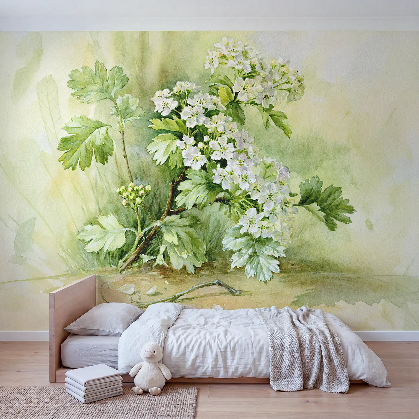 Hawthorn Blossom Study Wallpaper Mural in playroom setting by Whimsy Tots