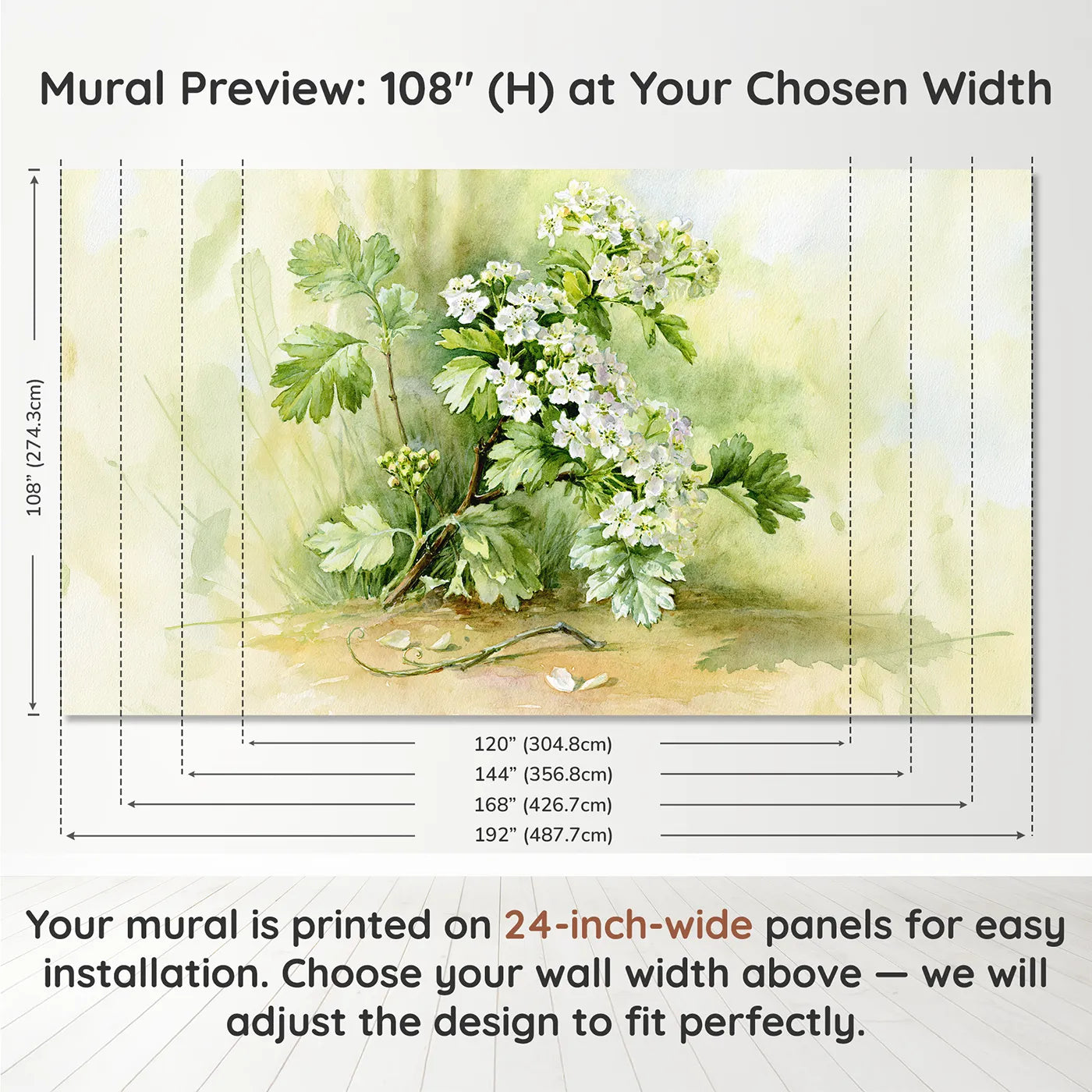 Panel layout and dimensions for Hawthorn Blossom Study Wallpaper Mural by Whimsy Tots