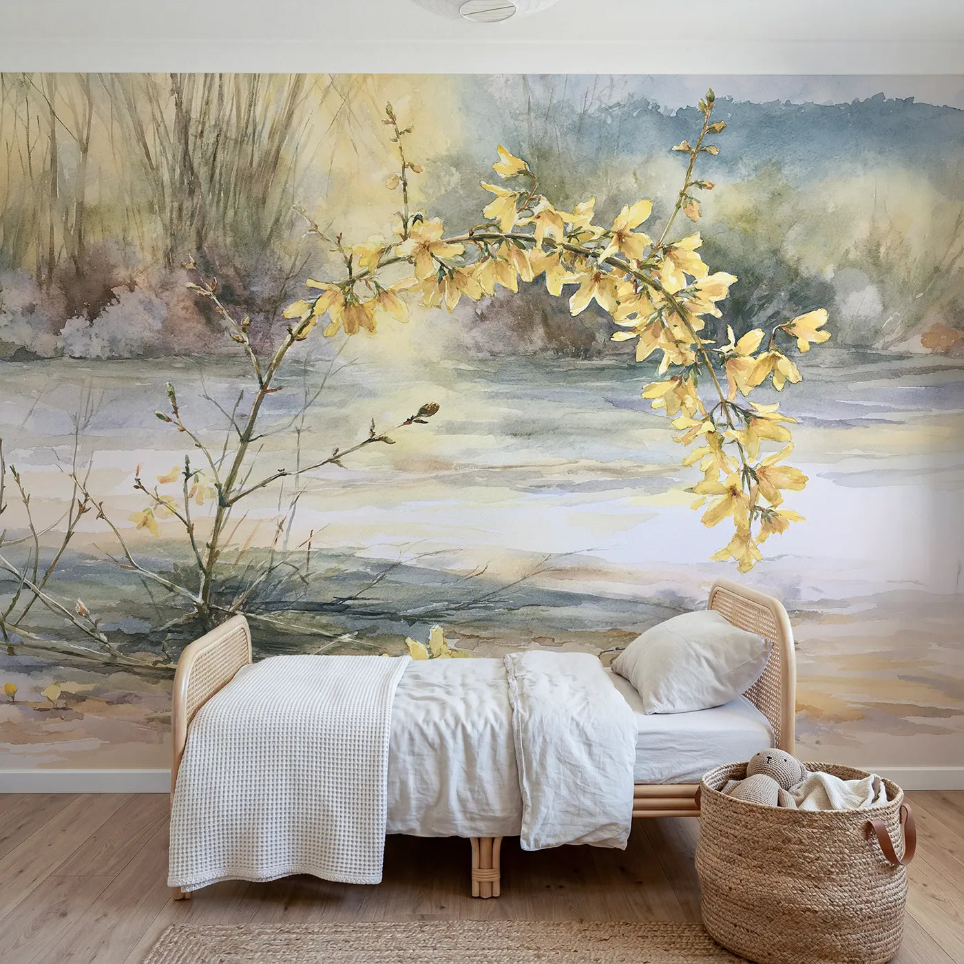 Watercolor wall mural of an early forsythia branch by Whimsy Tots