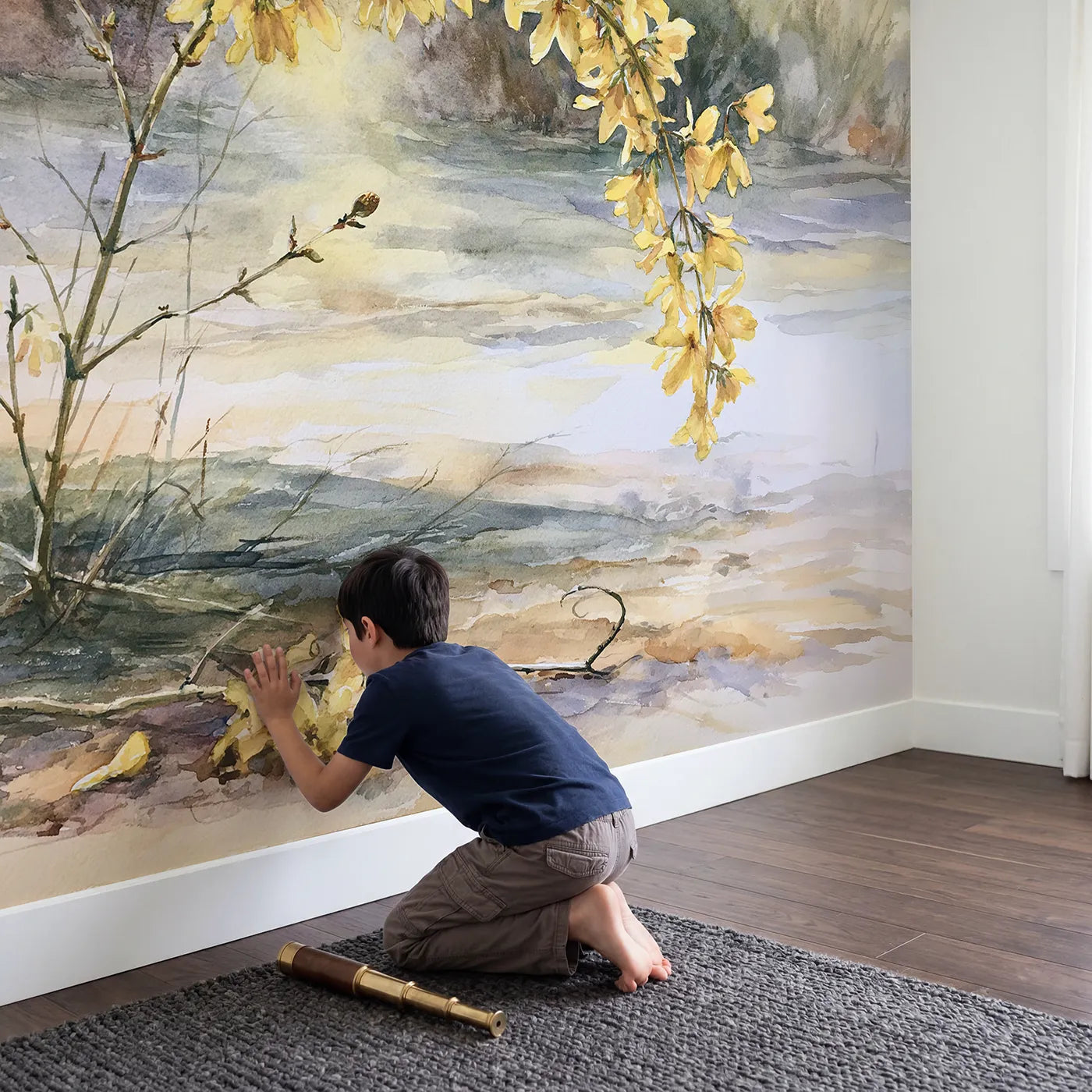 Child in nursery with Forsythia Branch Study Wallpaper Mural by Whimsy Tots