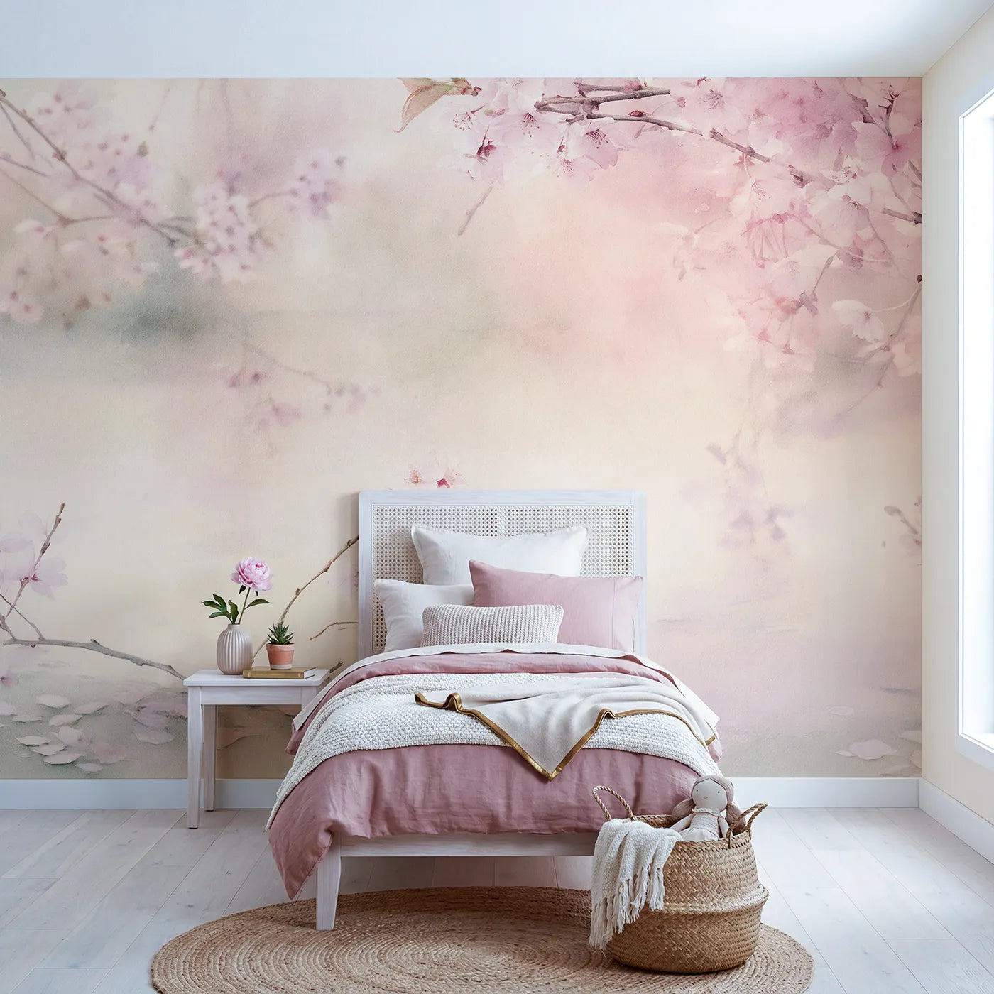 Watercolor wall mural of misty cherry blossoms by Whimsy Tots
