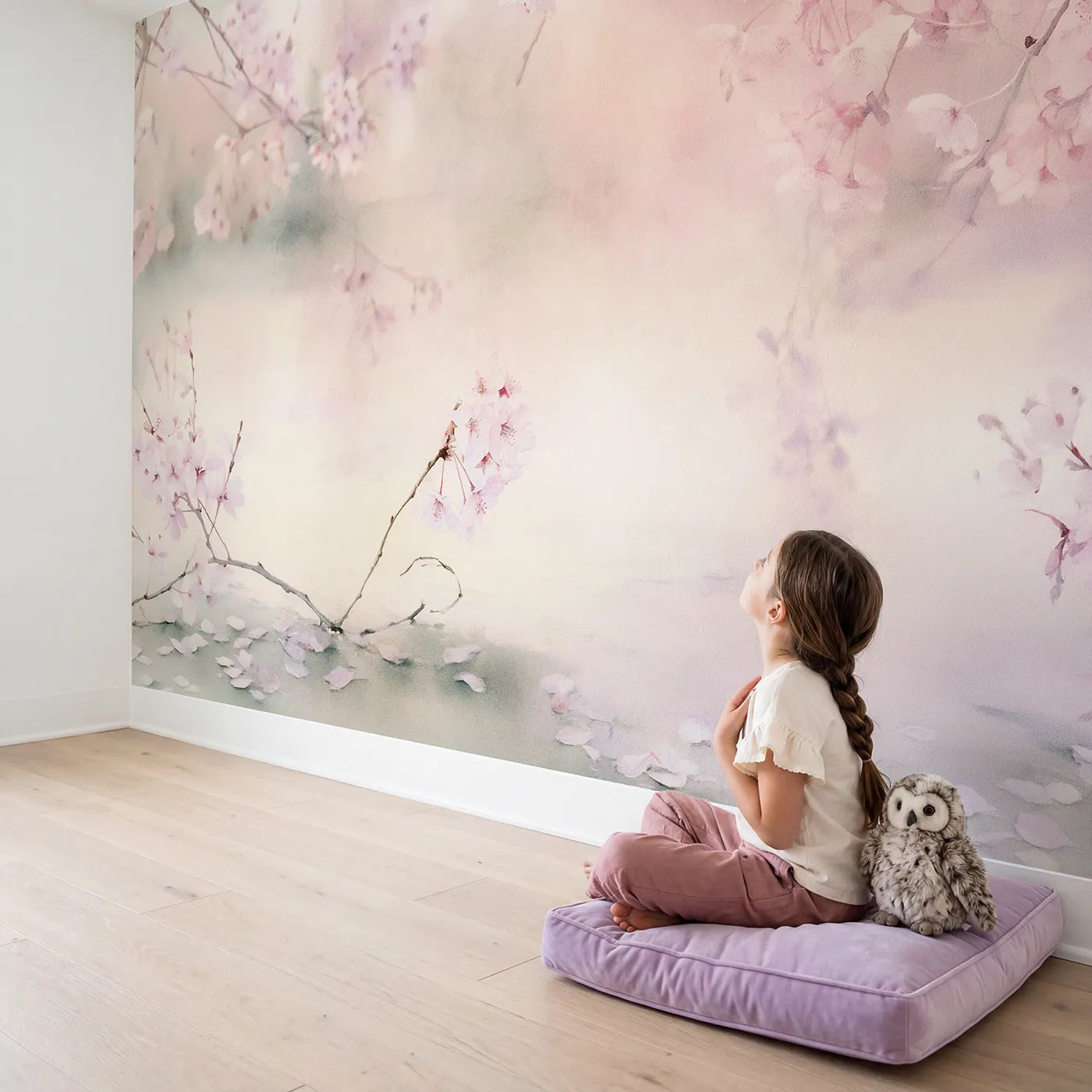 Child in nursery with Misty Cherry Blossom Wallpaper Mural by Whimsy Tots