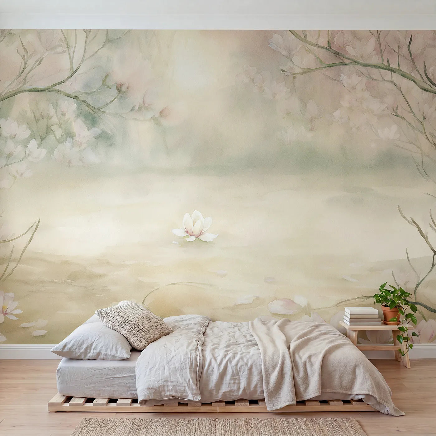 Watercolor wall mural of a glowing magnolia bloom by Whimsy Tots
