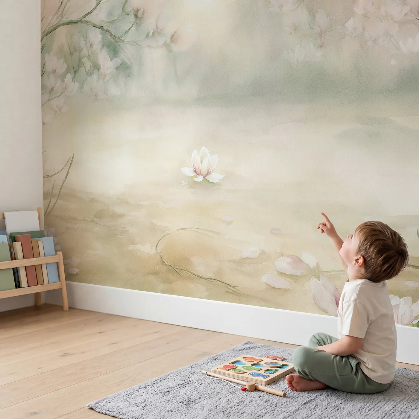 Child in nursery with Soft Magnolia Haze Wallpaper Mural by Whimsy Tots