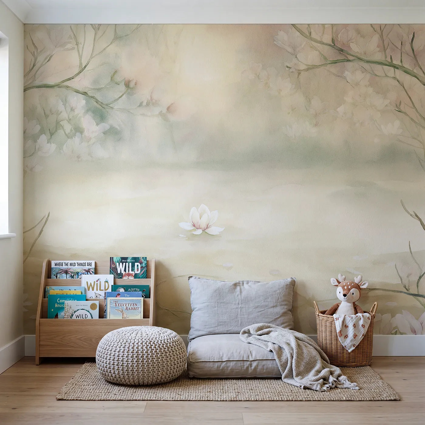 Soft Magnolia Haze Wallpaper Mural in playroom setting by Whimsy Tots