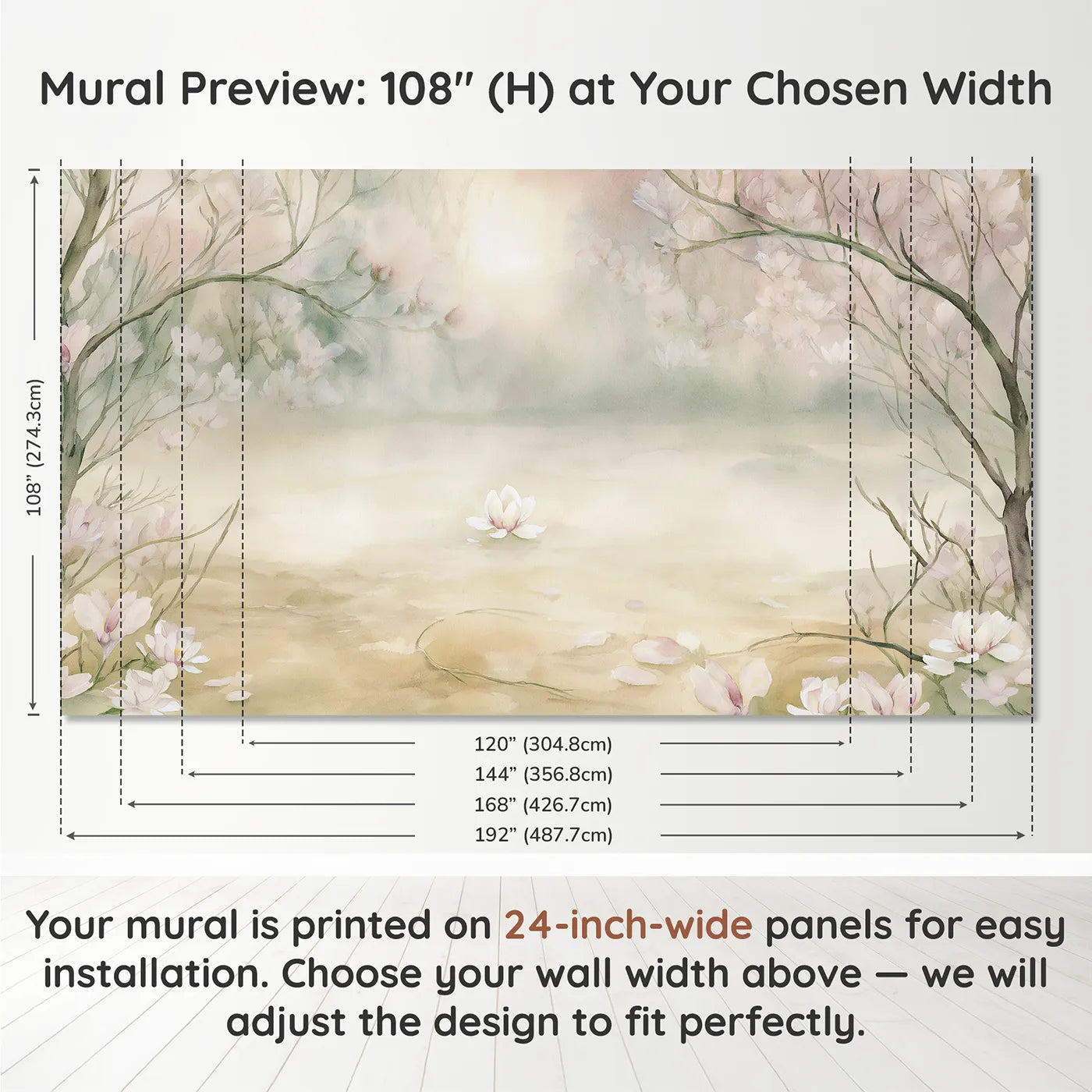 Panel layout and dimensions for Soft Magnolia Haze Wallpaper Mural by Whimsy Tots