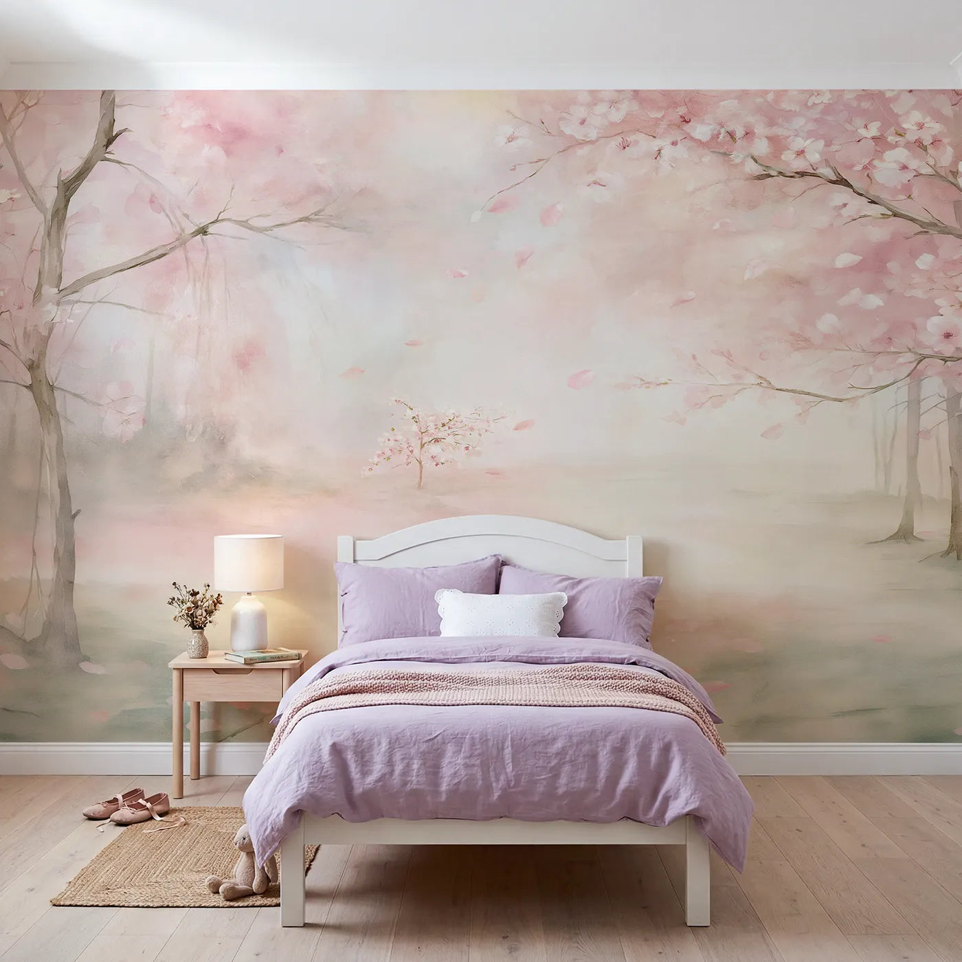 Watercolor wall mural of drifting blossom petals by Whimsy Tots