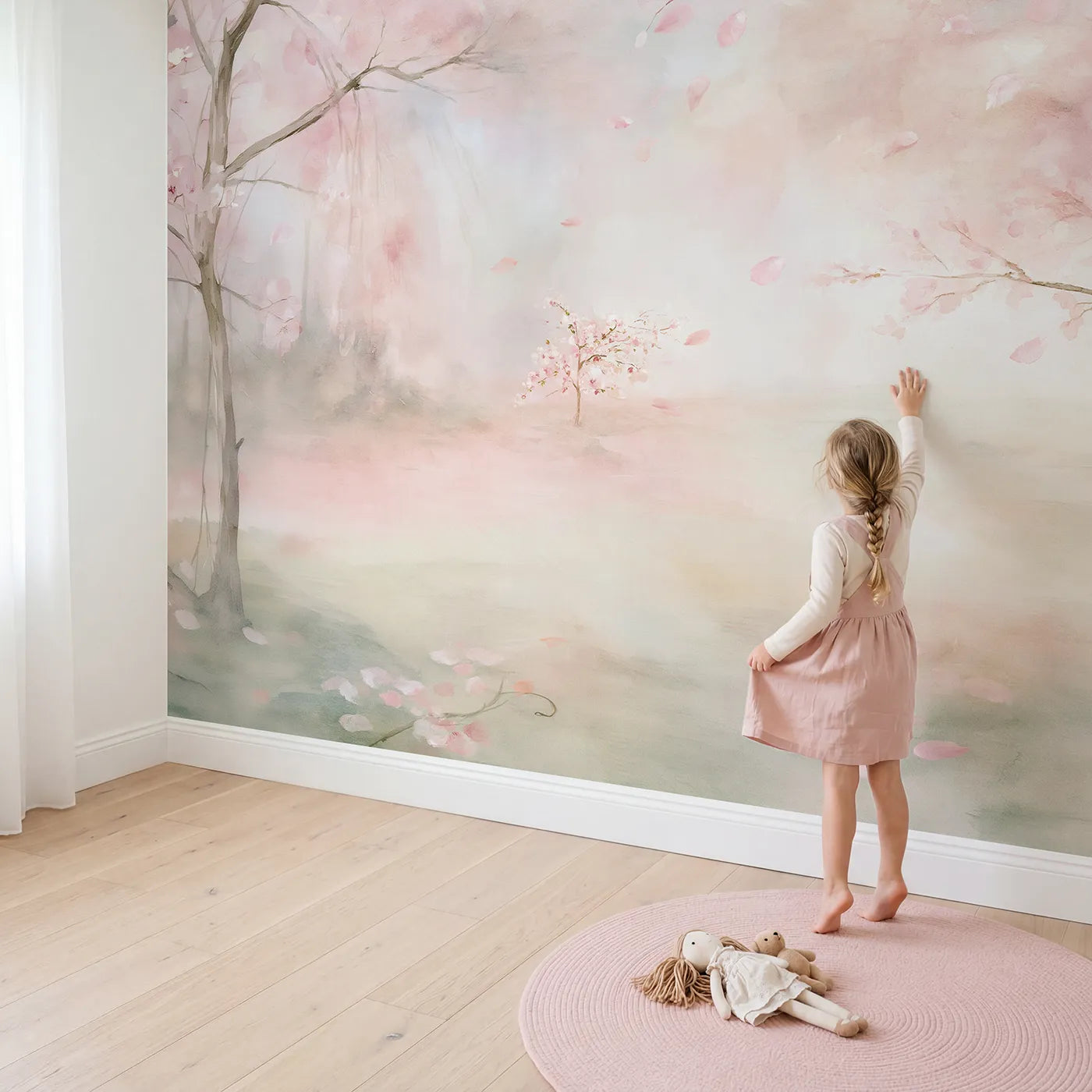Child in nursery with Blossom Drift Spring Wallpaper Mural by Whimsy Tots