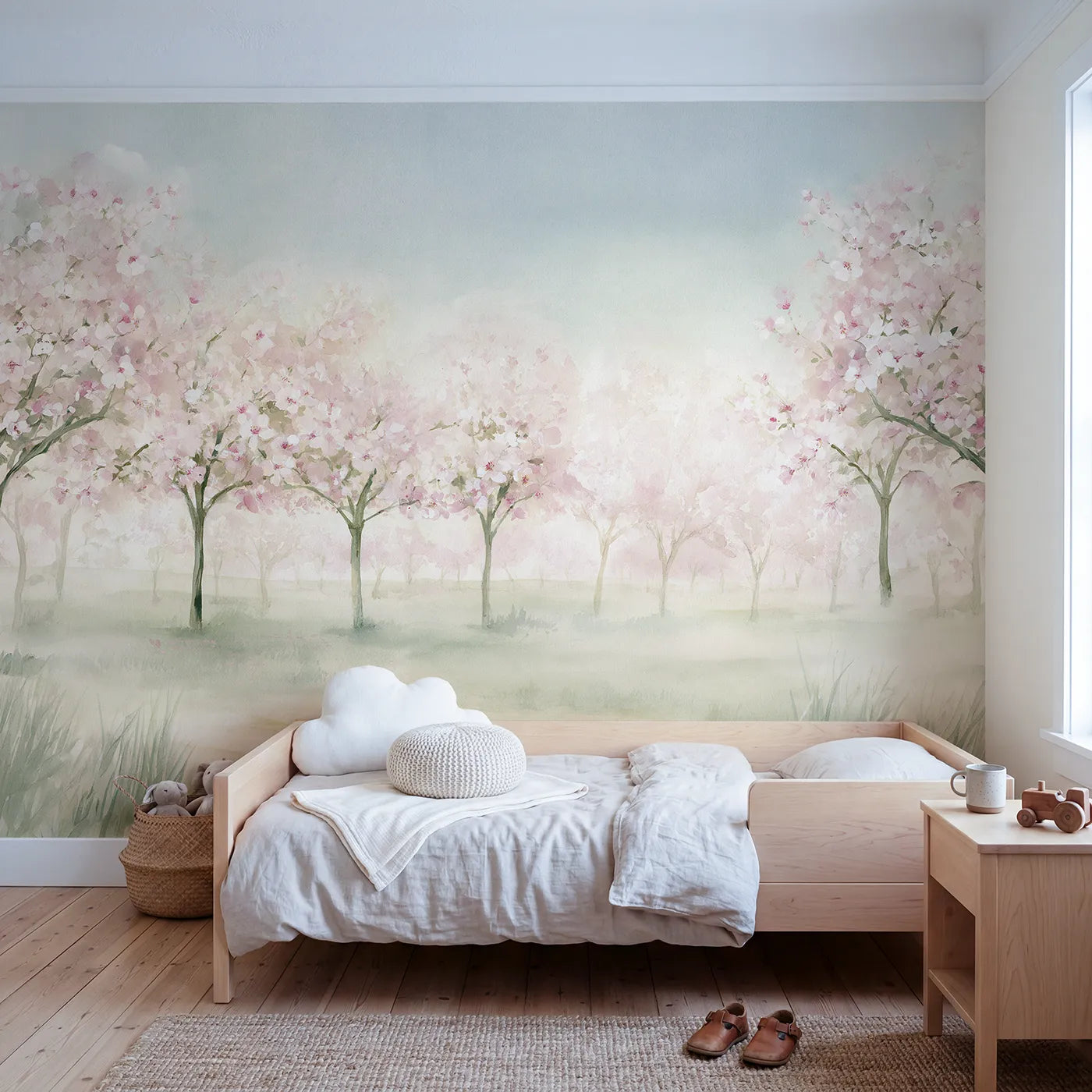 Watercolor wall mural of a hazy apple blossom orchard by Whimsy Tots