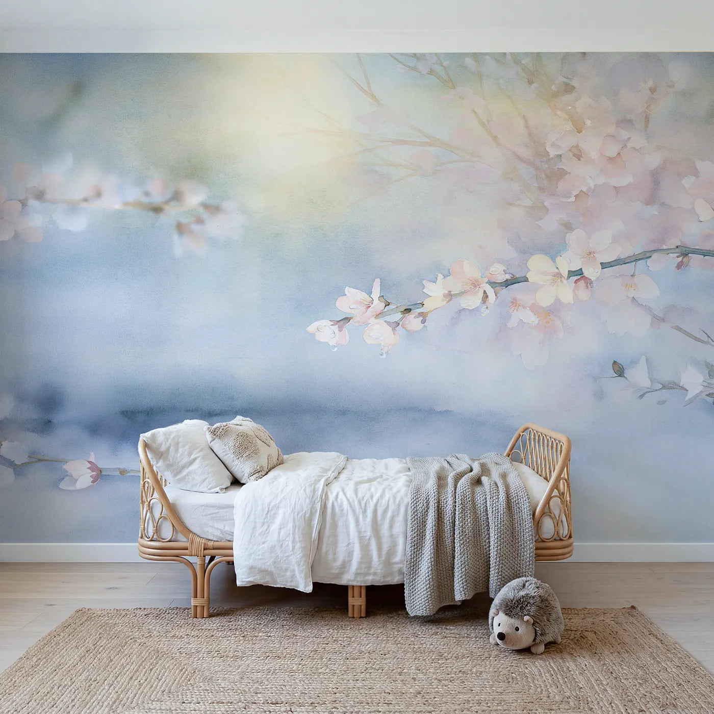 Watercolor wall mural of dewy morning blossom by Whimsy Tots
