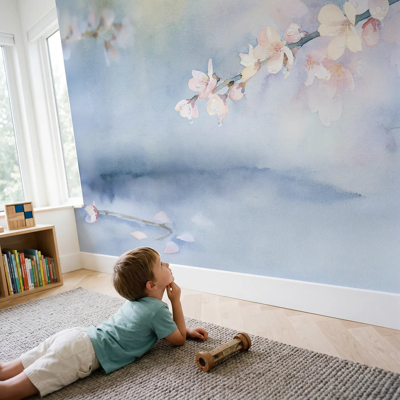 Child in nursery with Dewy Blossom Morning Wallpaper Mural by Whimsy Tots