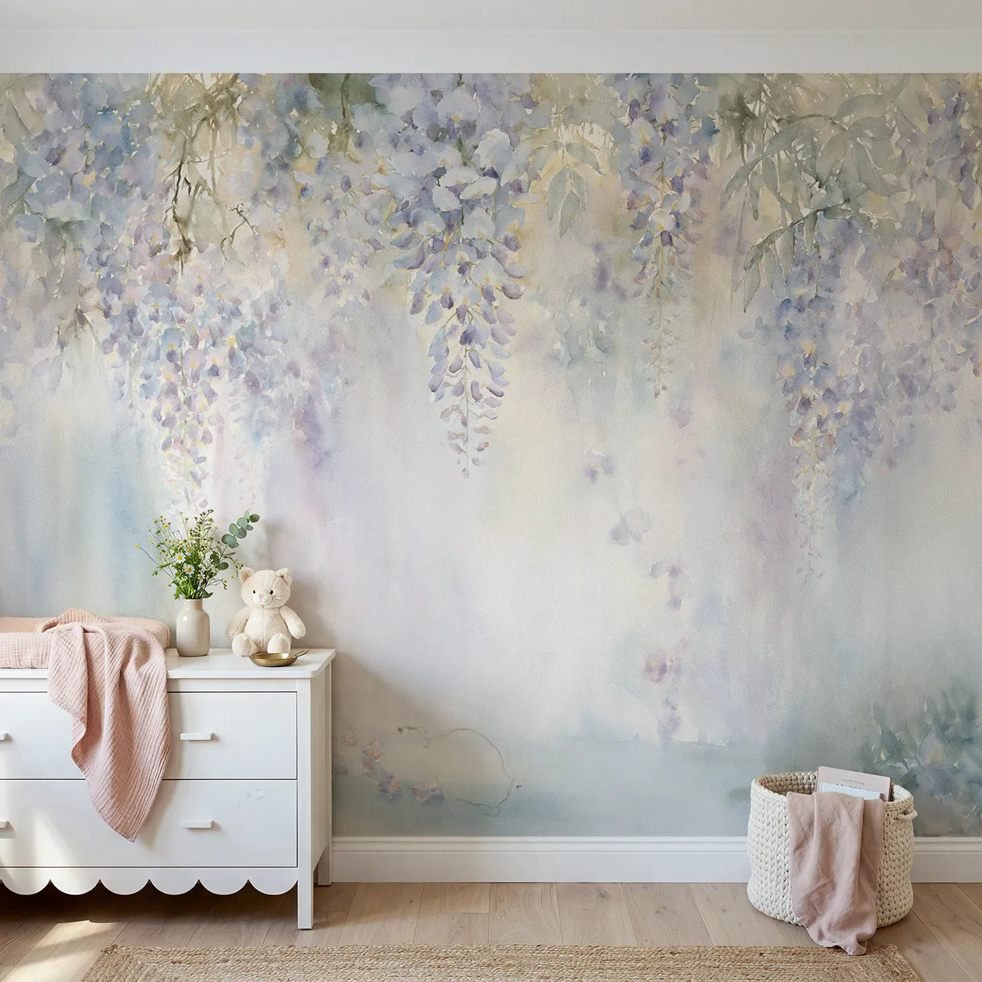 Watercolor wall mural of drifting wisteria blooms by Whimsy Tots