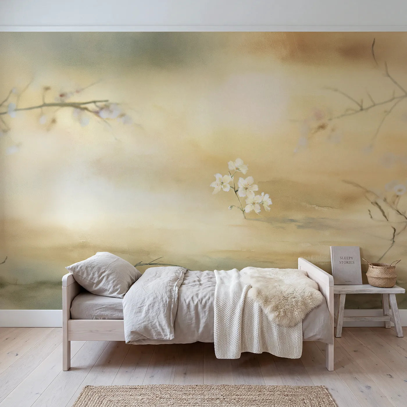 Watercolor wall mural of golden-hour blossom glow by Whimsy Tots