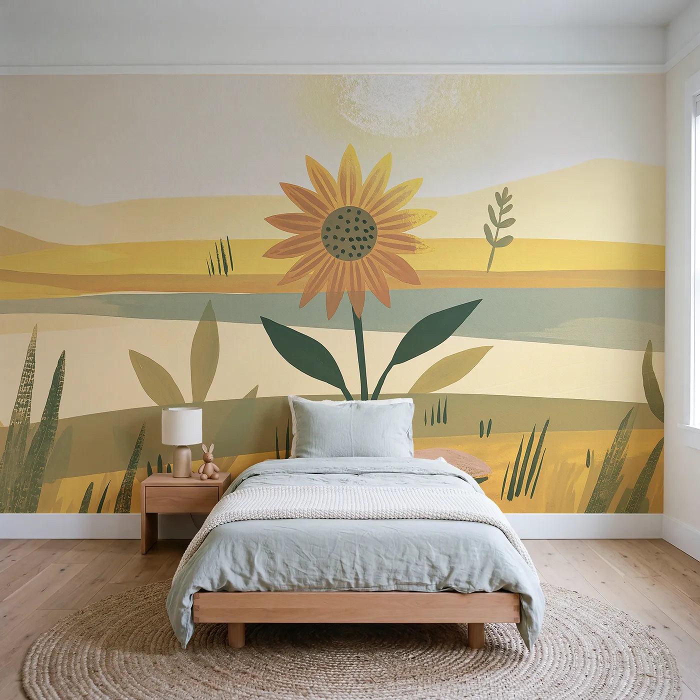Folk gouache wall mural of a bold sunflower by Whimsy Tots