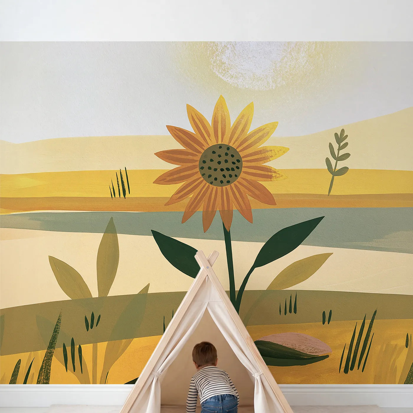 Child in nursery with Folk Sunflower Bold Wallpaper Mural by Whimsy Tots