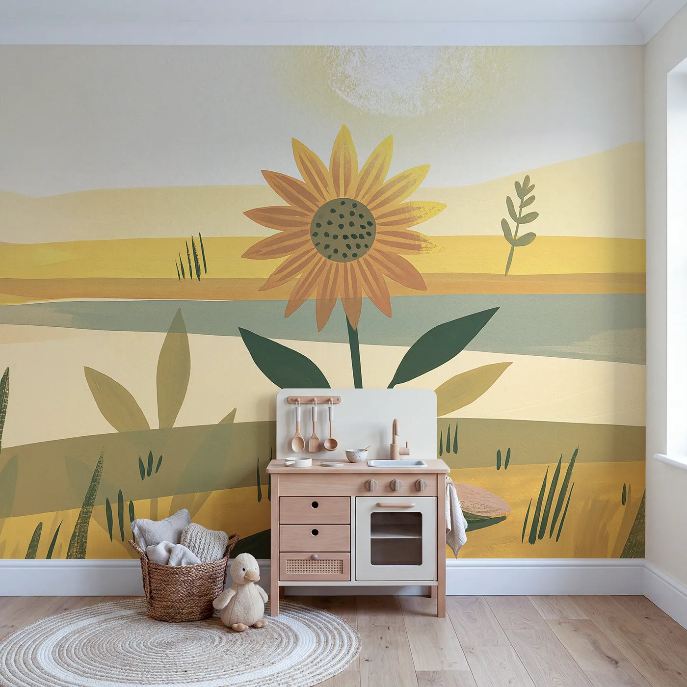 Folk Sunflower Bold Wallpaper Mural in playroom setting by Whimsy Tots