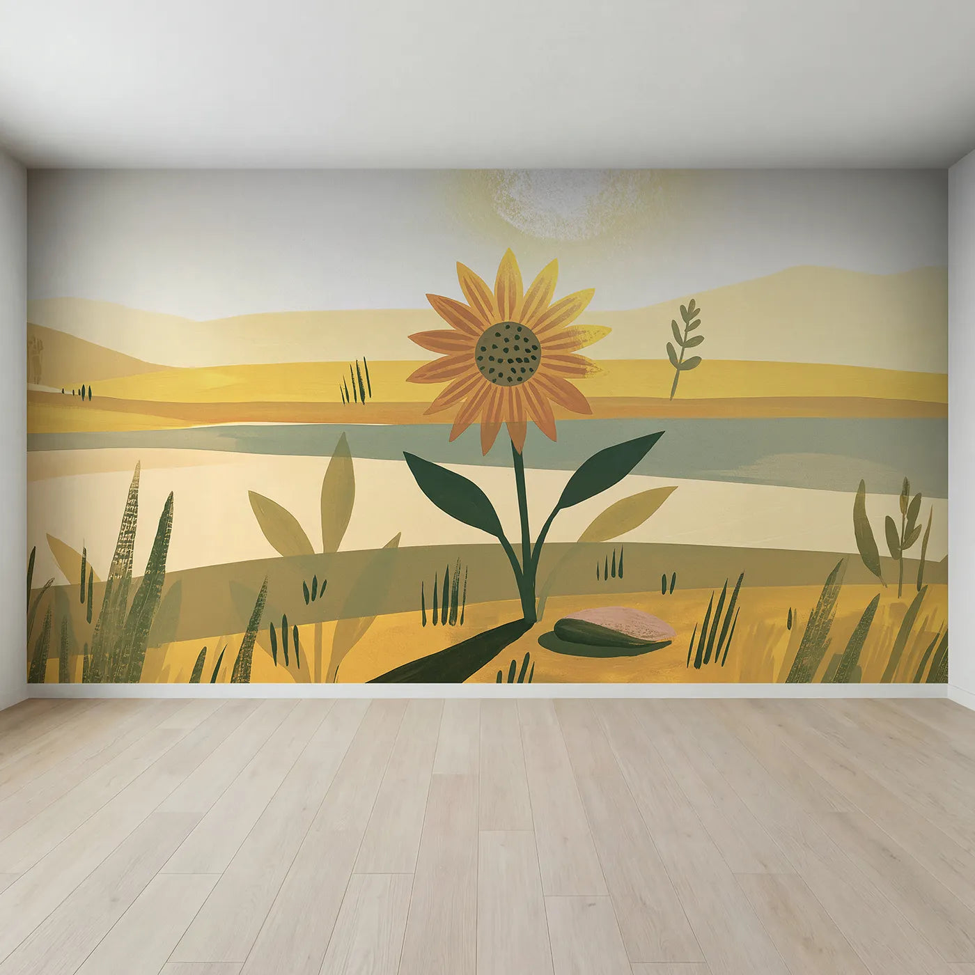 Full view of Folk Sunflower Bold Wallpaper Mural by Whimsy Tots