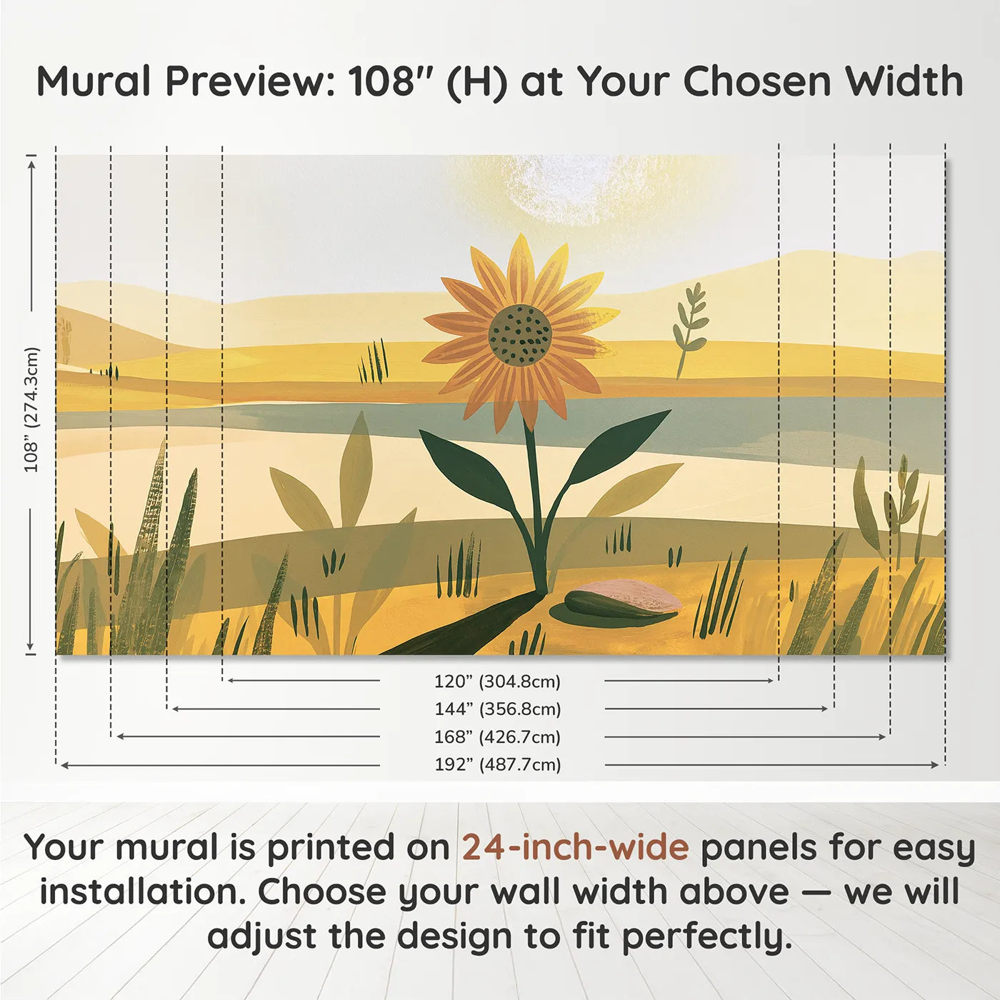 Panel layout and dimensions for Folk Sunflower Bold Wallpaper Mural by Whimsy Tots
