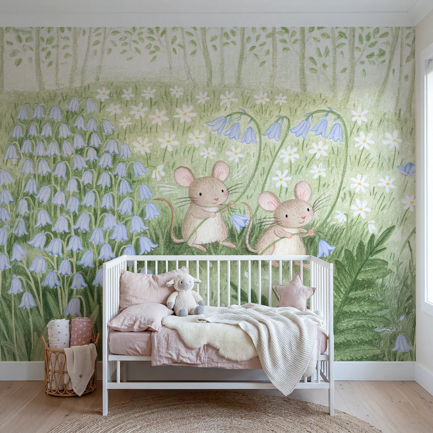 Colored Pencil mice swinging on bluebell stems, wall mural for a playroom by Whimsy Tots