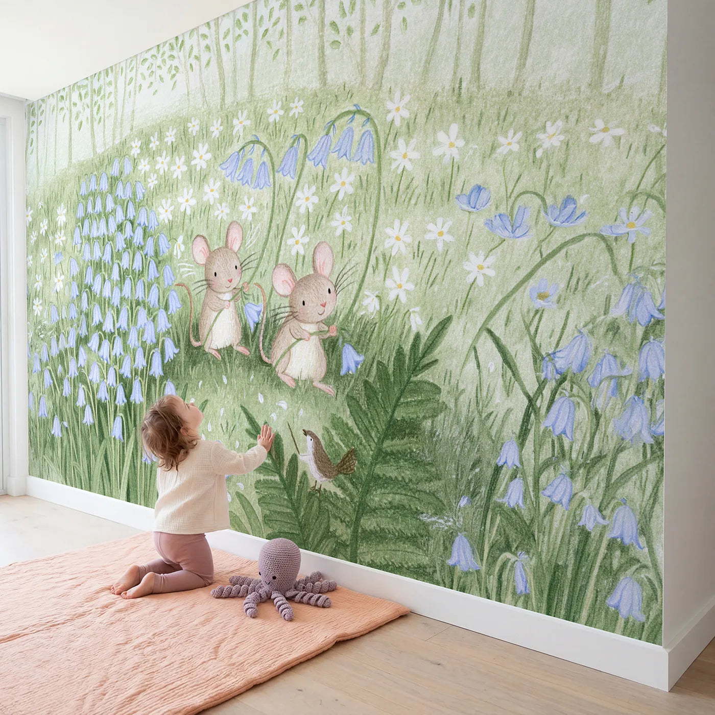 Child in nursery with Bluebell Bell Ringers Wallpaper Mural by Whimsy Tots