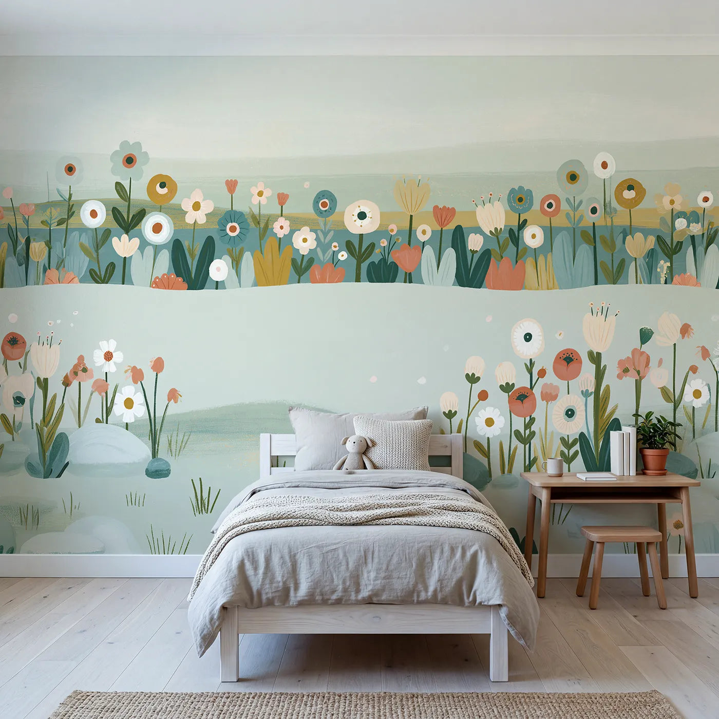 Folk gouache wall mural of a flower garland band by Whimsy Tots