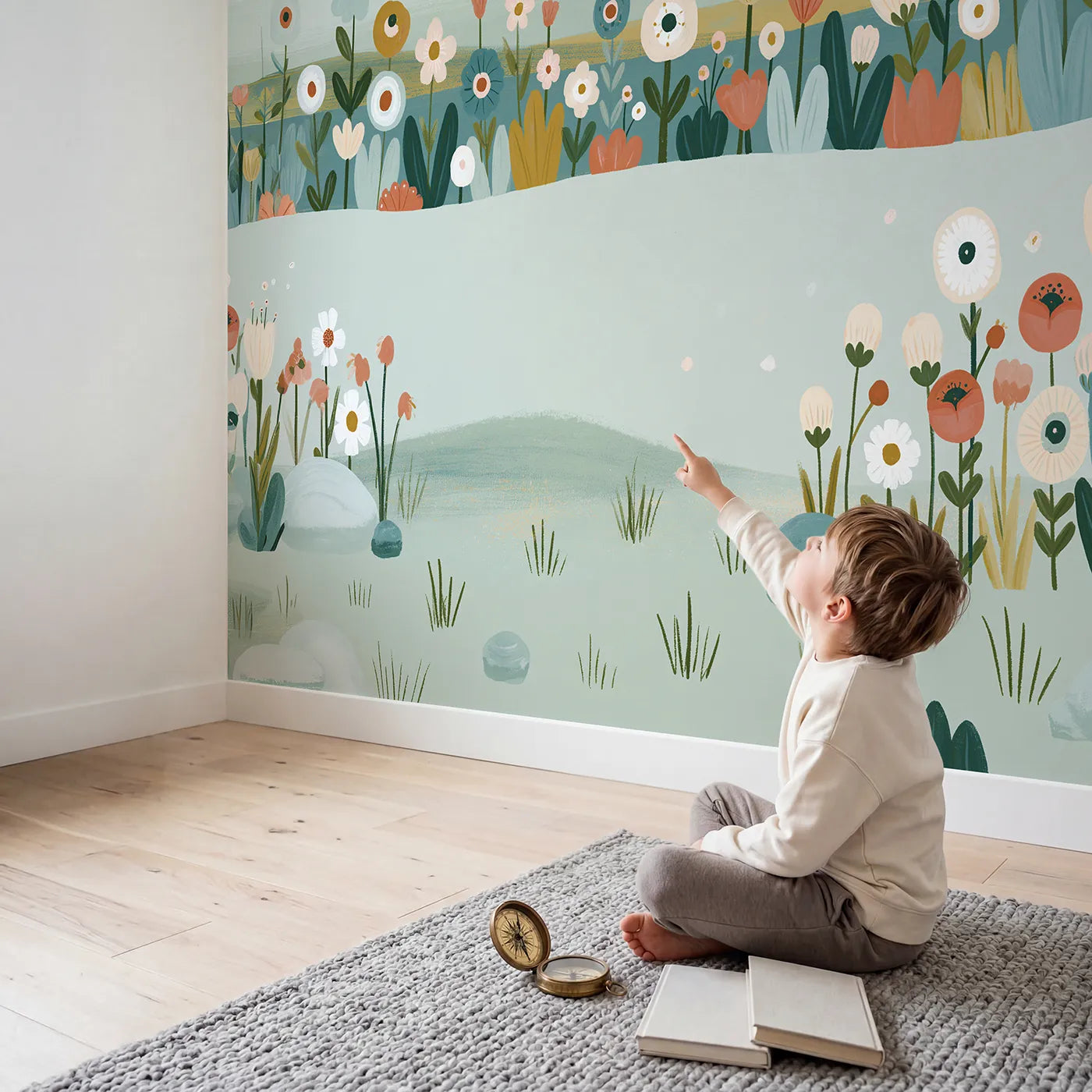 Child in nursery with Folk Flower Garland Wallpaper Mural by Whimsy Tots