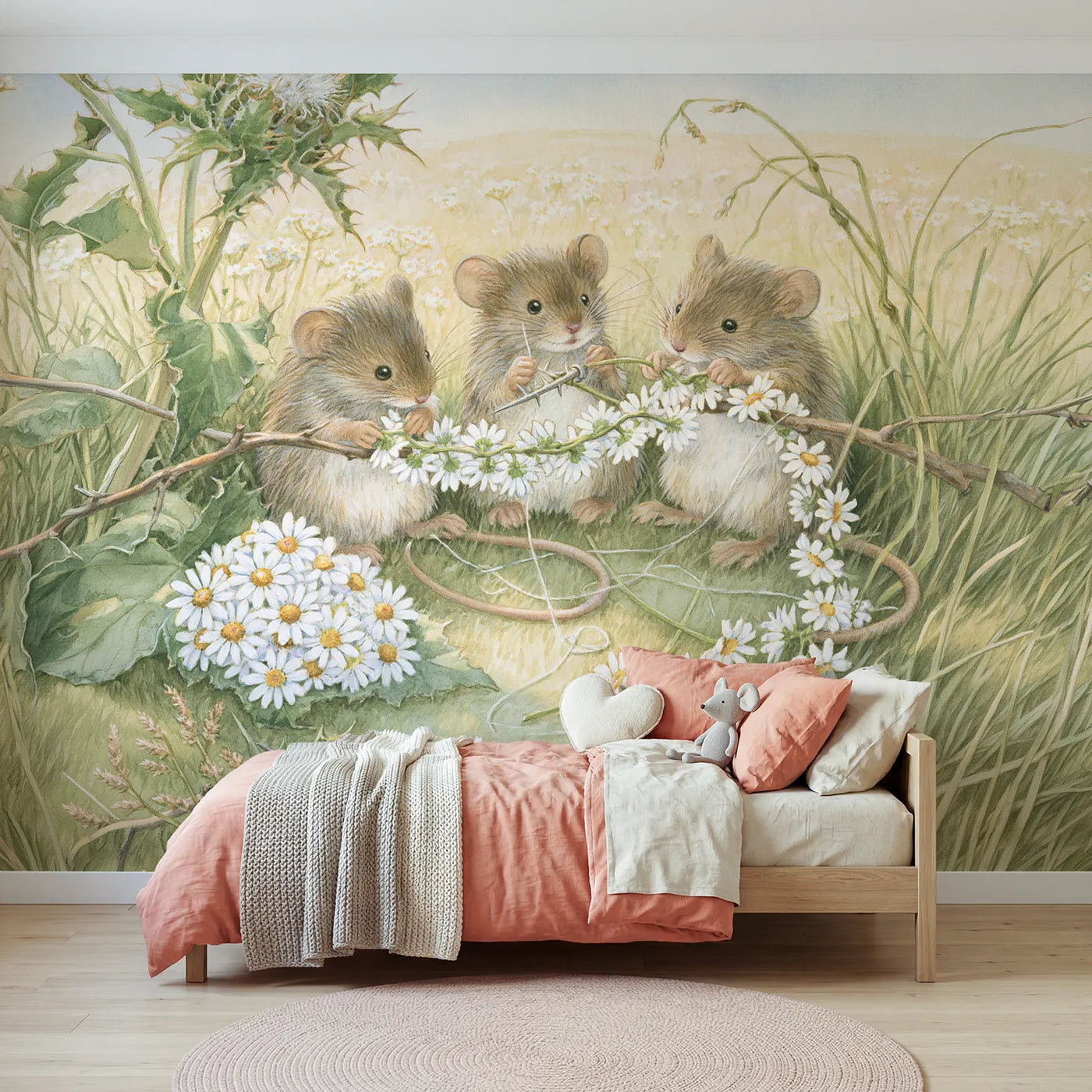 Storybook mice threading a long daisy chain, wall mural for a kids room by Whimsy Tots