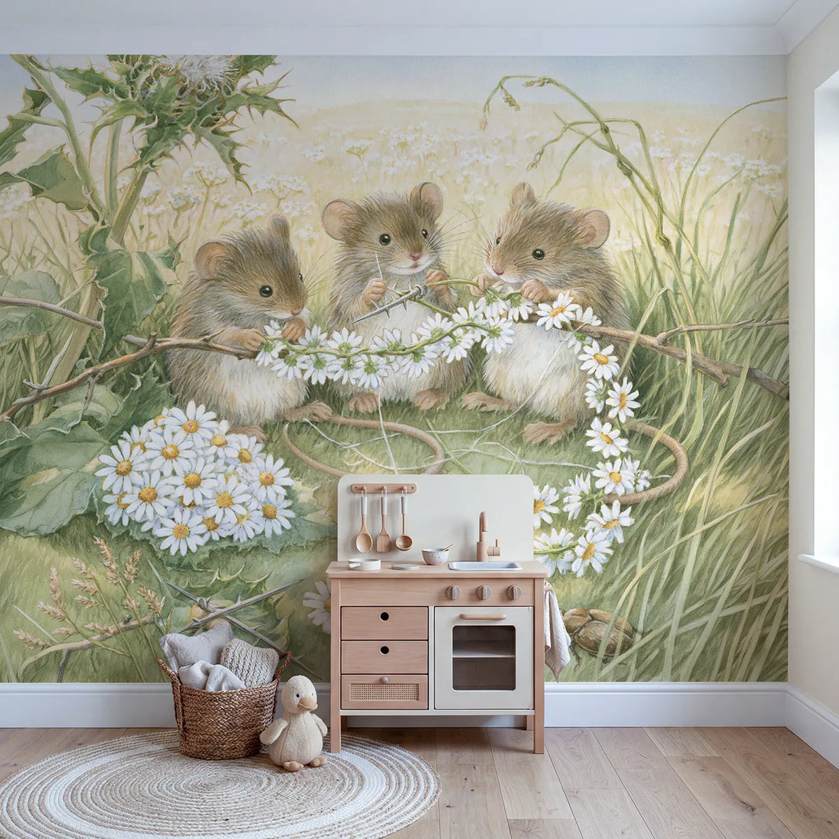 The Daisy Chain Makers Wallpaper Mural in playroom setting by Whimsy Tots