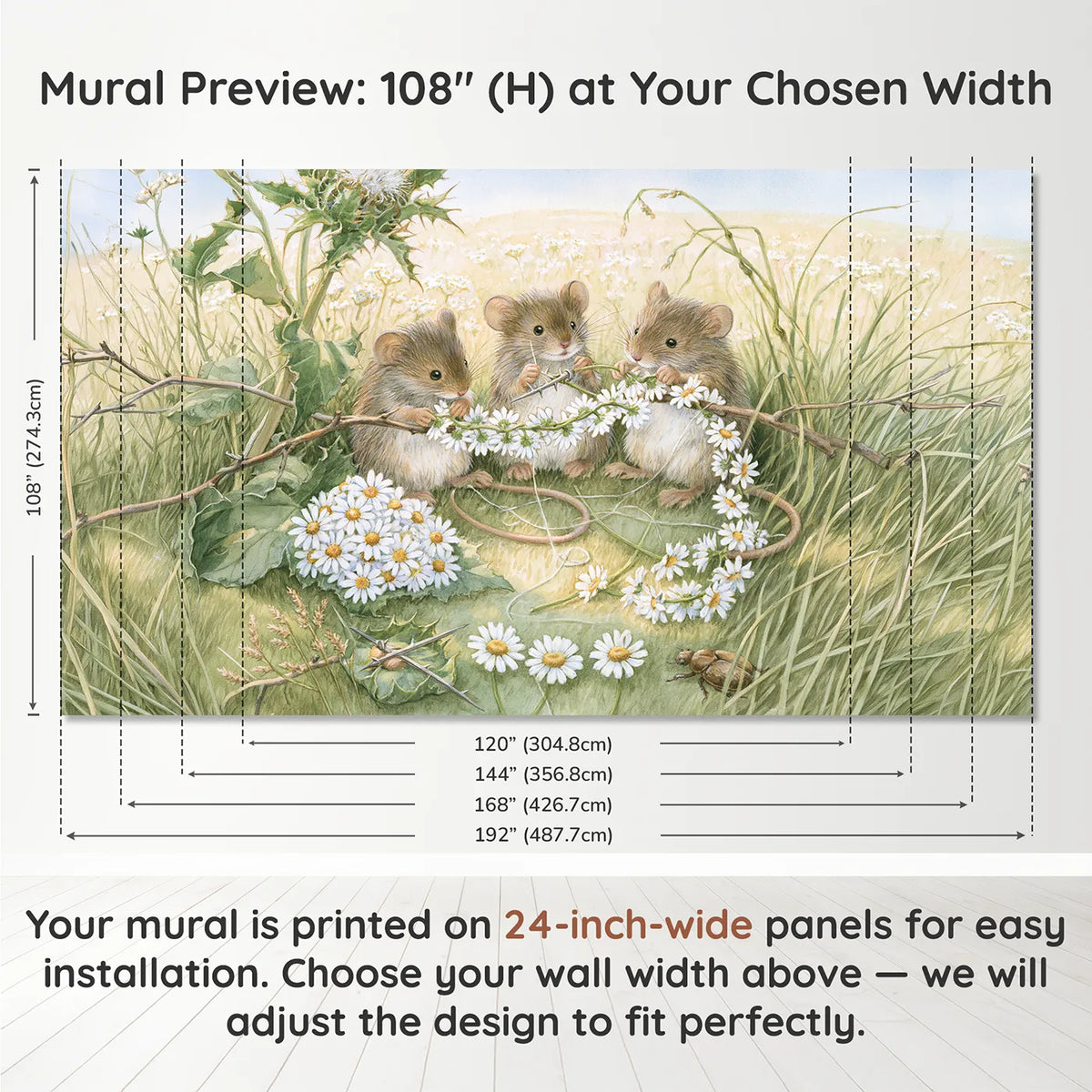 Panel layout and dimensions for The Daisy Chain Makers Wallpaper Mural by Whimsy Tots
