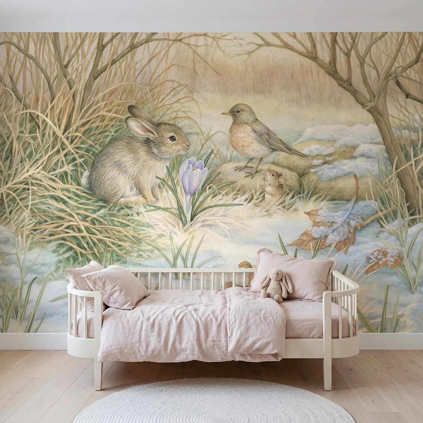 Storybook animals gathered at the first purple crocus, mural for a toddler room by Whimsy Tots