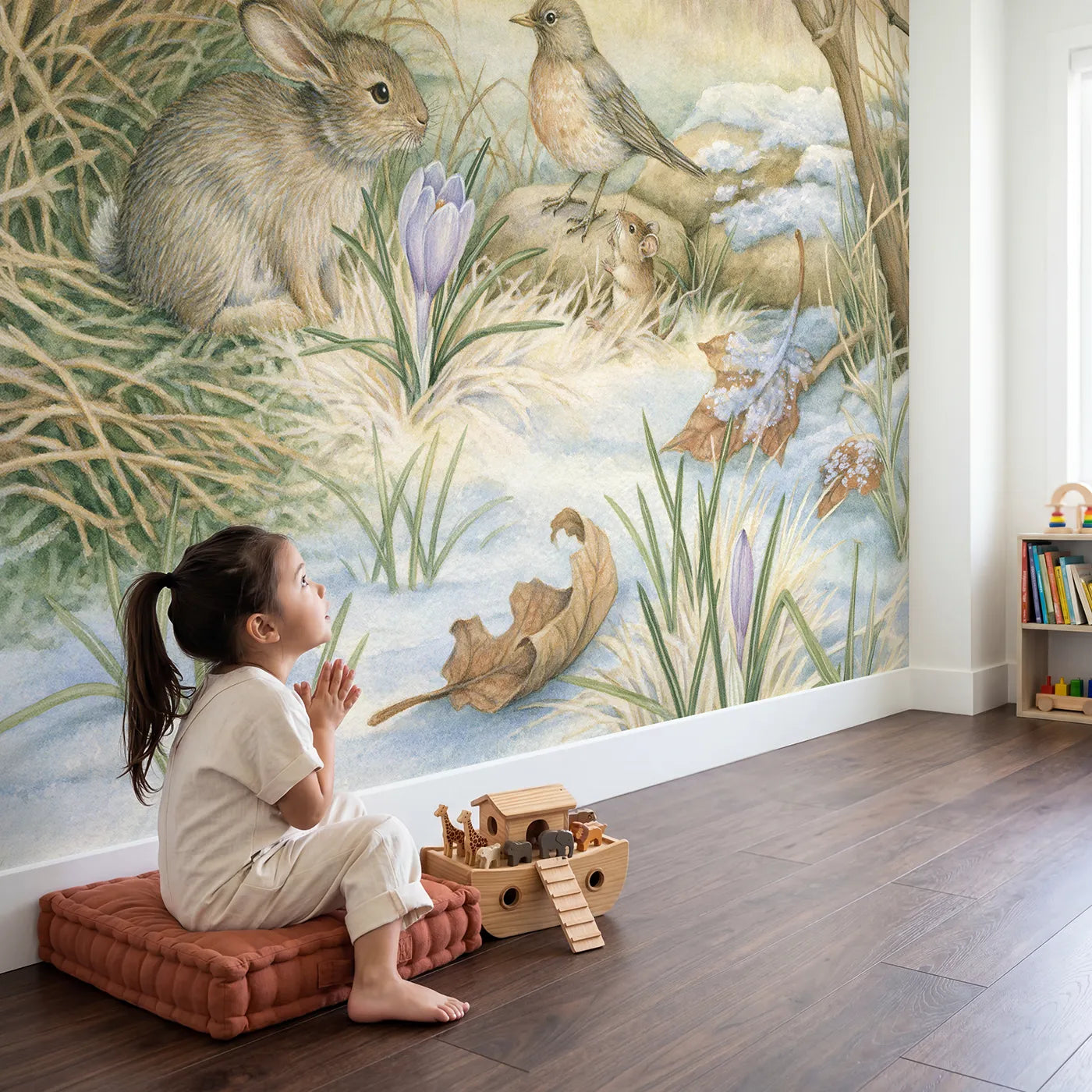 Child in nursery with The First Crocus Wallpaper Mural by Whimsy Tots