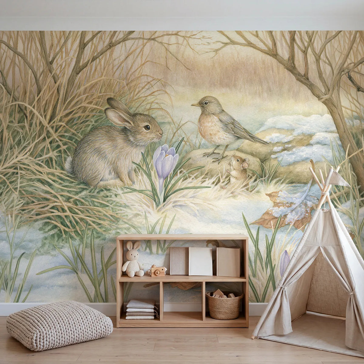 The First Crocus Wallpaper Mural in playroom setting by Whimsy Tots
