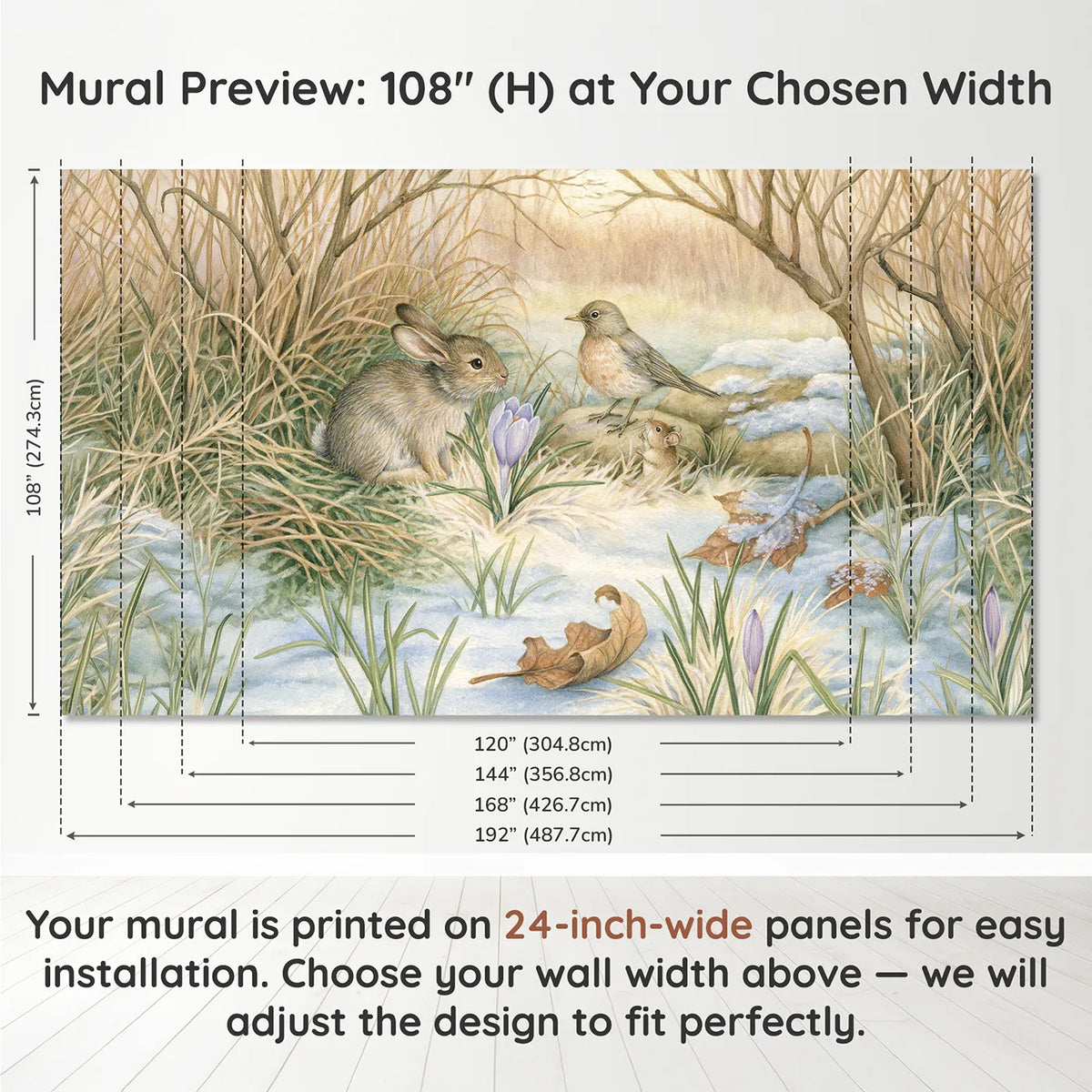 Panel layout and dimensions for The First Crocus Wallpaper Mural by Whimsy Tots