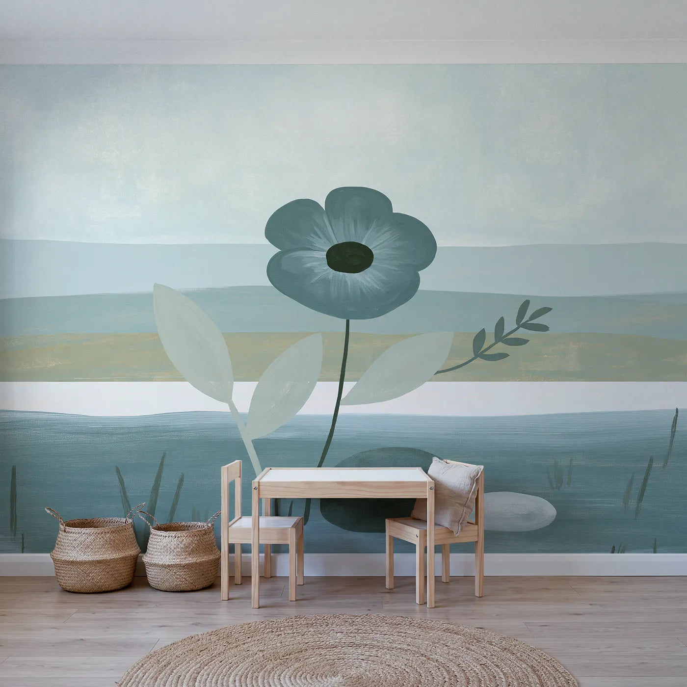 Folk gouache wall mural of a bold anemone shape by Whimsy Tots