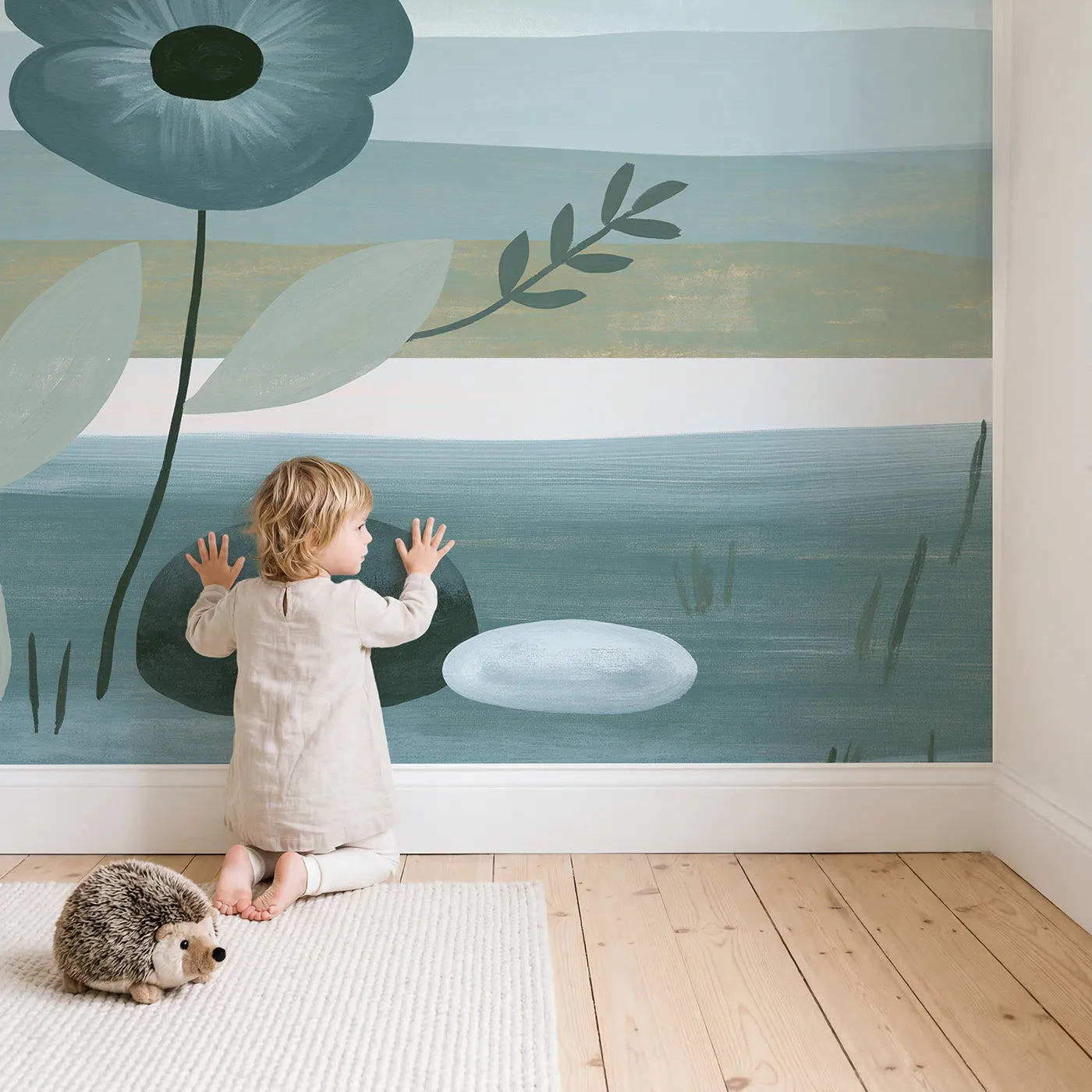 Child in nursery with Folk Anemone Shape Wallpaper Mural by Whimsy Tots