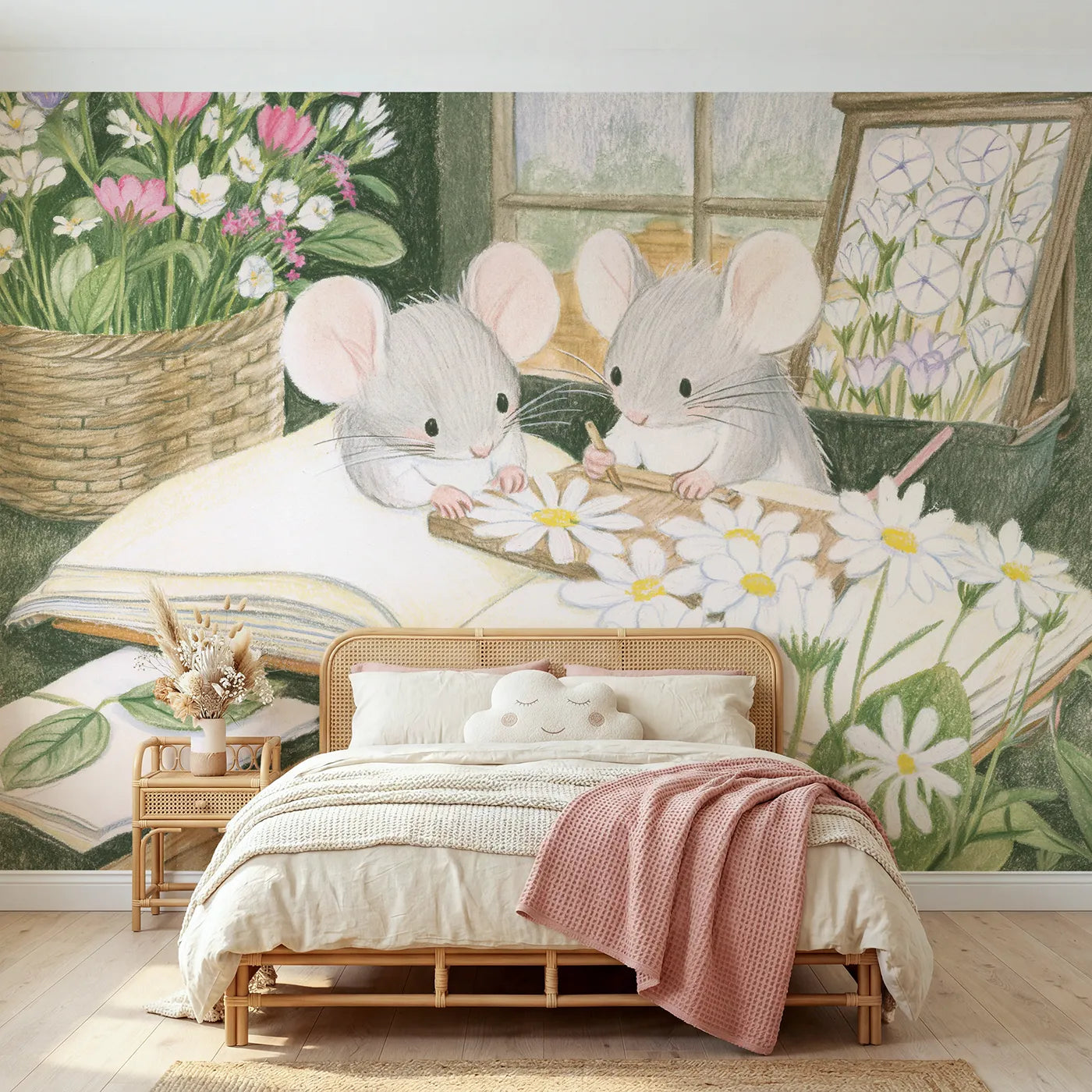 Colored Pencil mice pressing flowers in a book, wall mural for a big-kid bedroom by Whimsy Tots