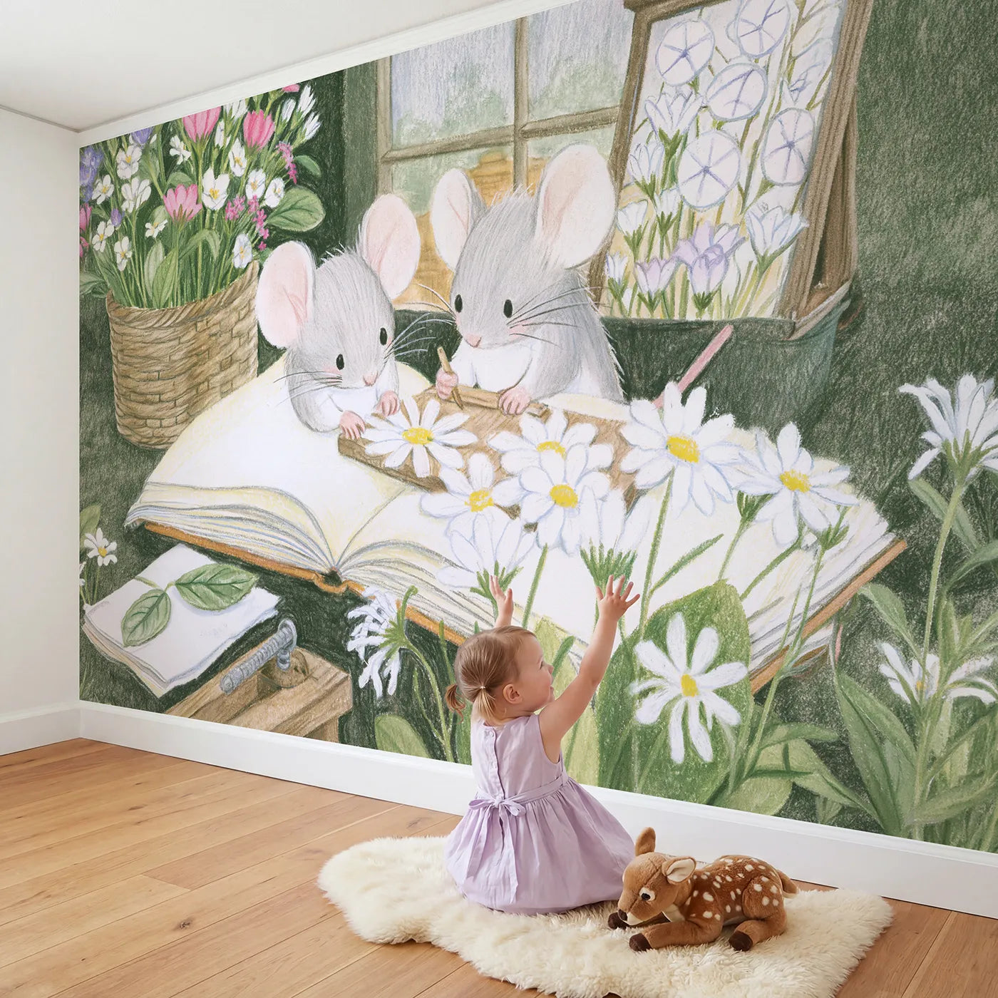 Child in nursery with The Flower Press Wallpaper Mural by Whimsy Tots