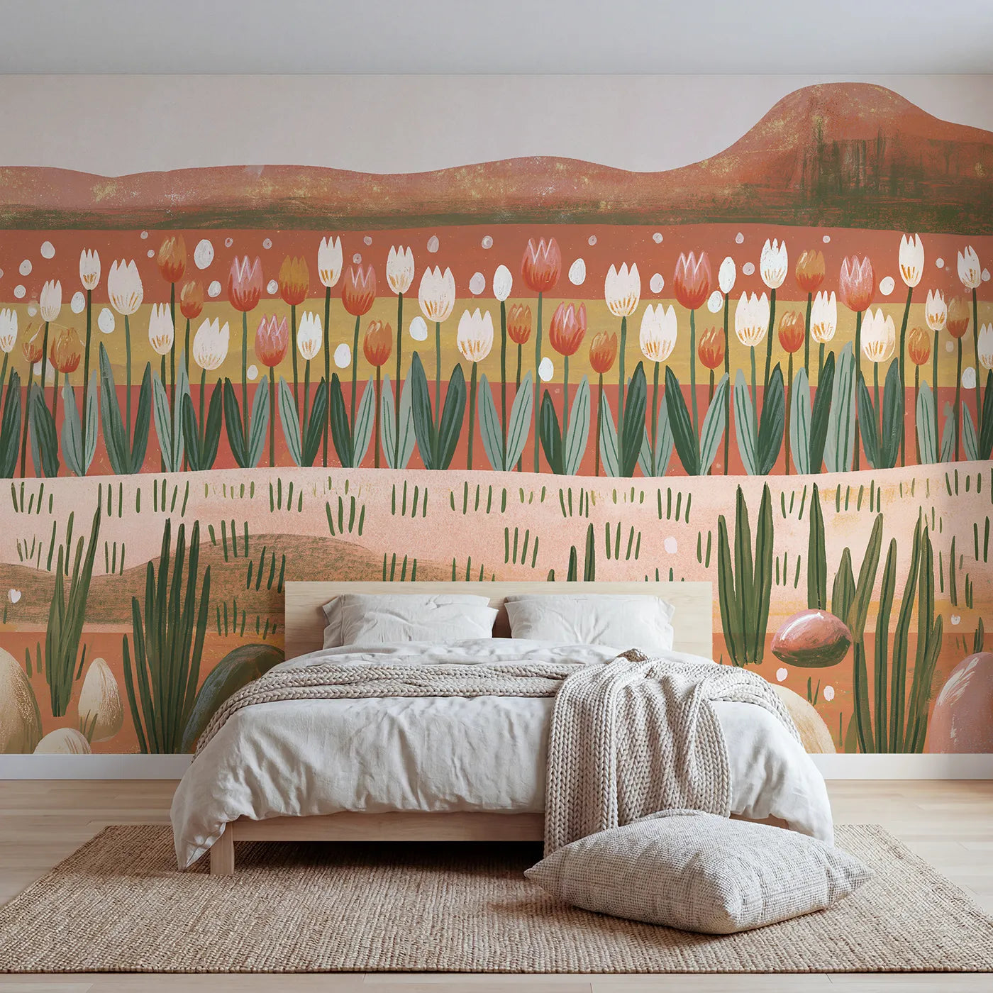 Folk gouache wall mural of an even tulip row by Whimsy Tots