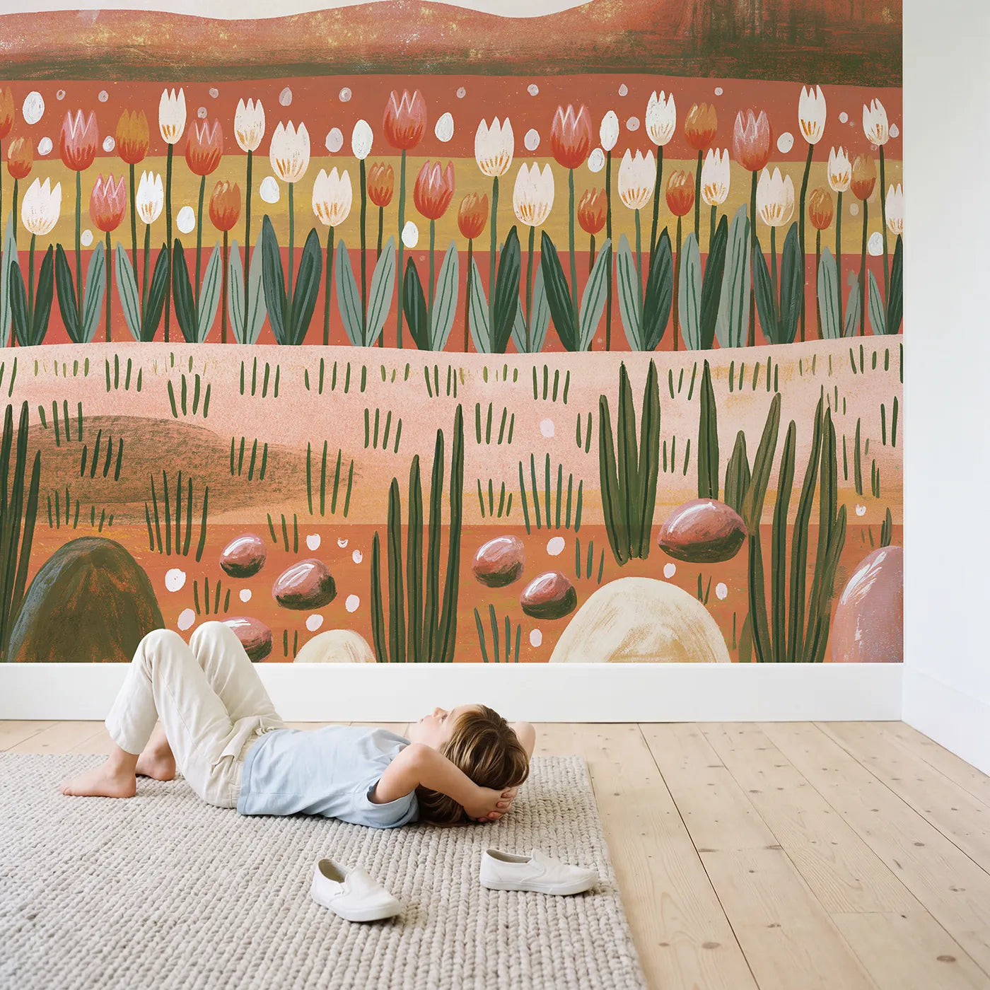 Child in nursery with Folk Tulip Row Wallpaper Mural by Whimsy Tots