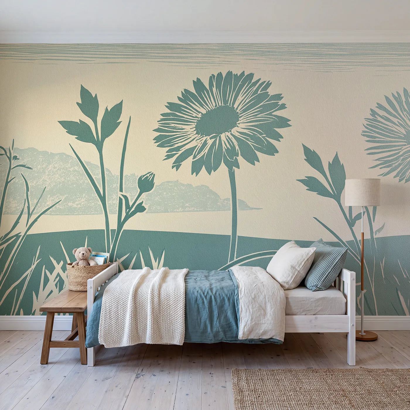 Linocut wall mural of a bold printed daisy by Whimsy Tots