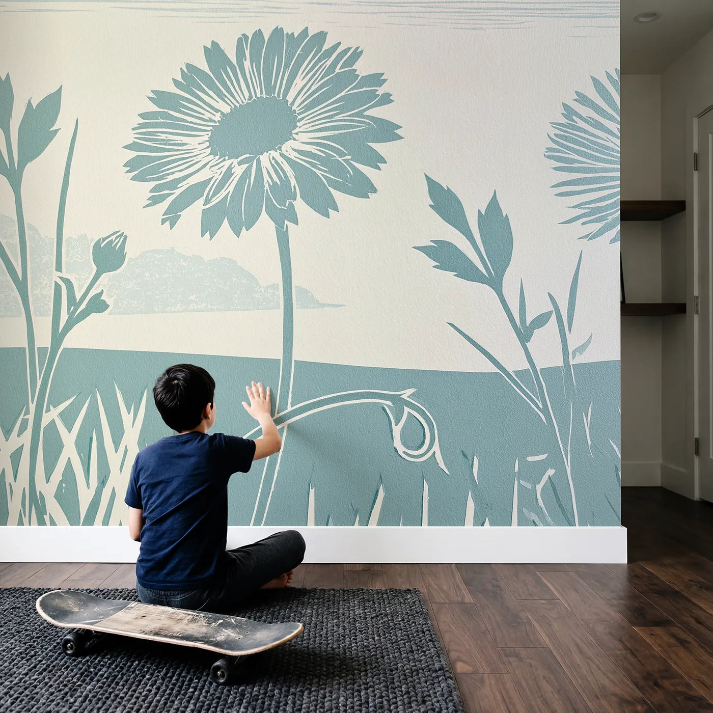 Child in nursery with Linocut Daisy Bloom Wallpaper Mural by Whimsy Tots
