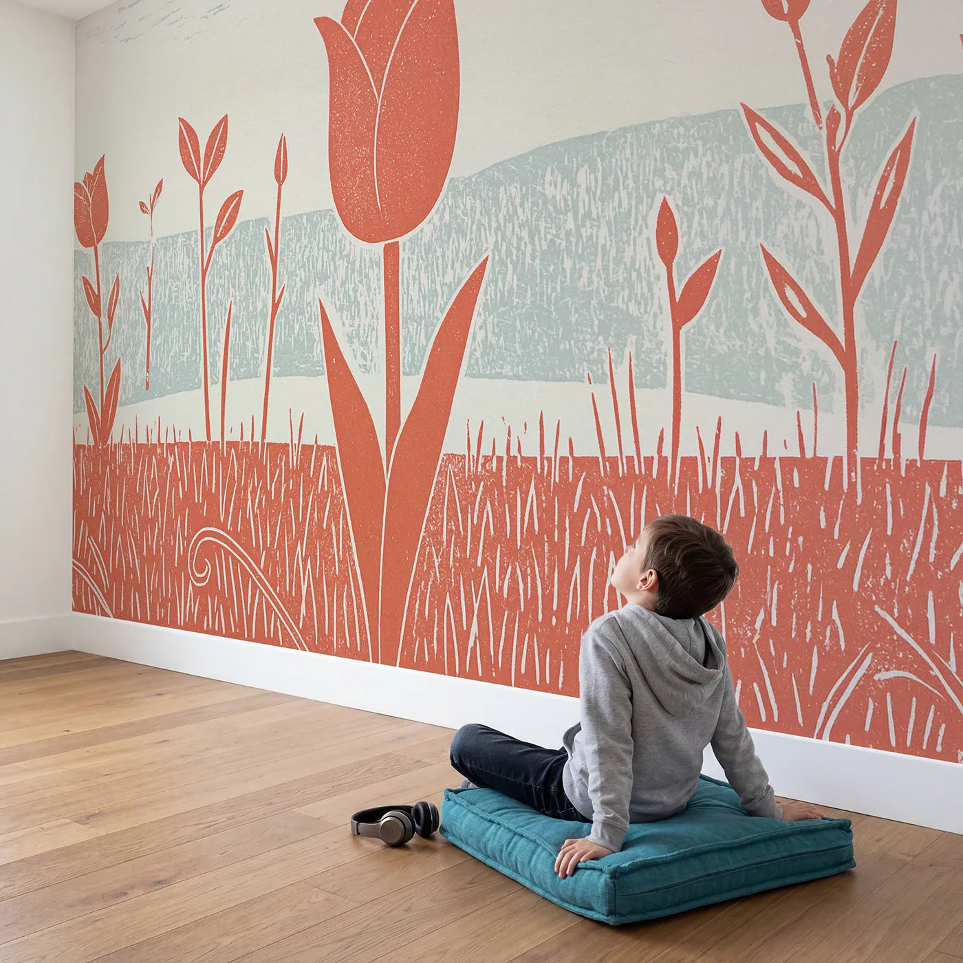 Child in nursery with Linocut Tulip Stem Wallpaper Mural by Whimsy Tots