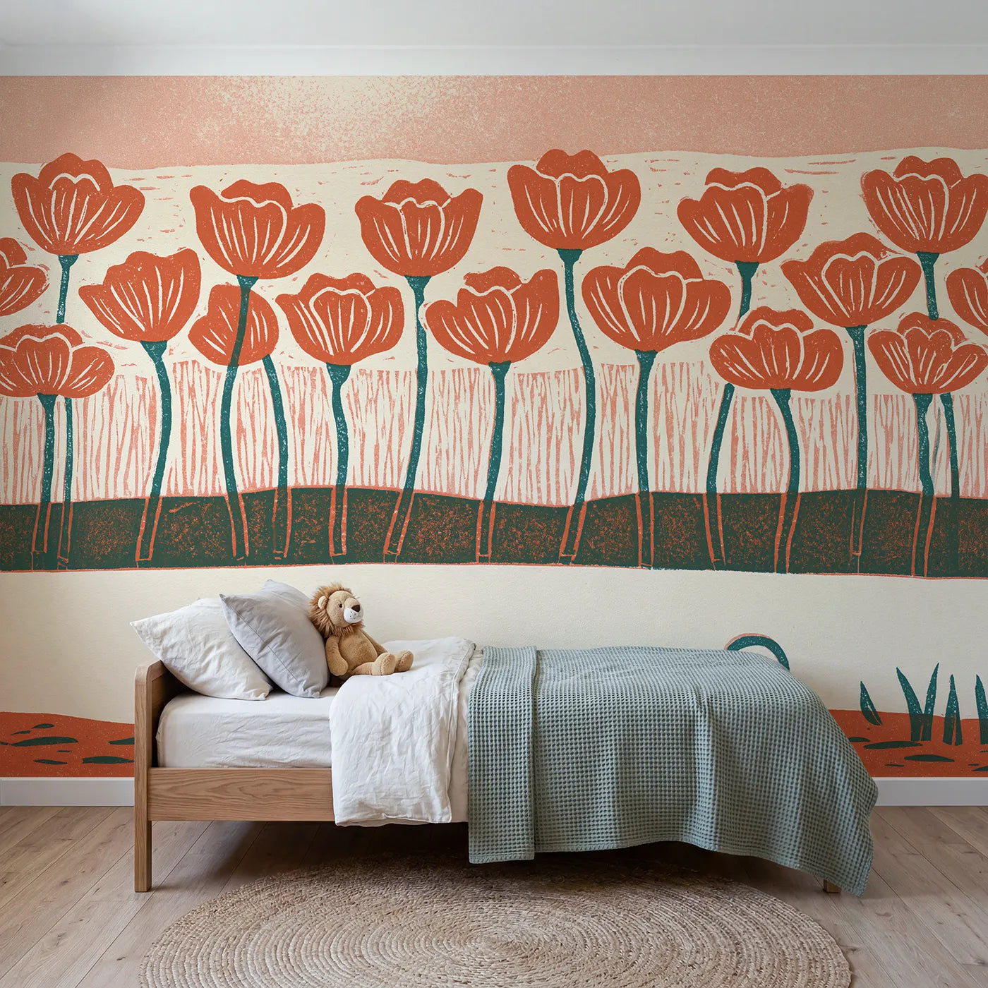 Linocut wall mural of a banded poppy row by Whimsy Tots