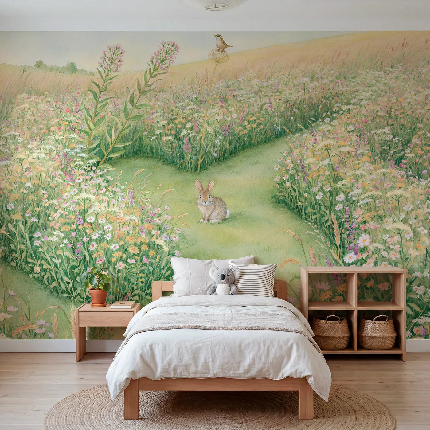 Storybook bunny in a mown wildflower maze, wall mural for a playroom by Whimsy Tots
