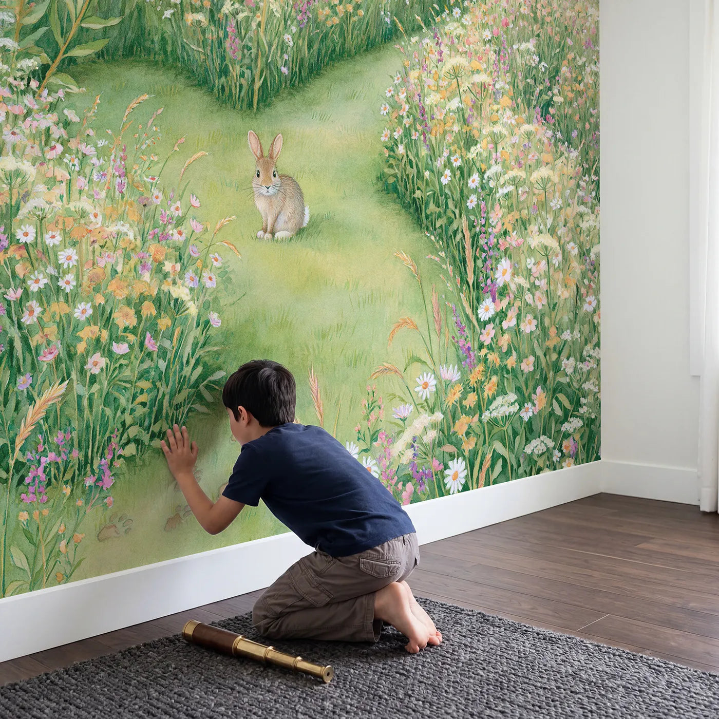 Child in nursery with The Wildflower Maze Wallpaper Mural by Whimsy Tots