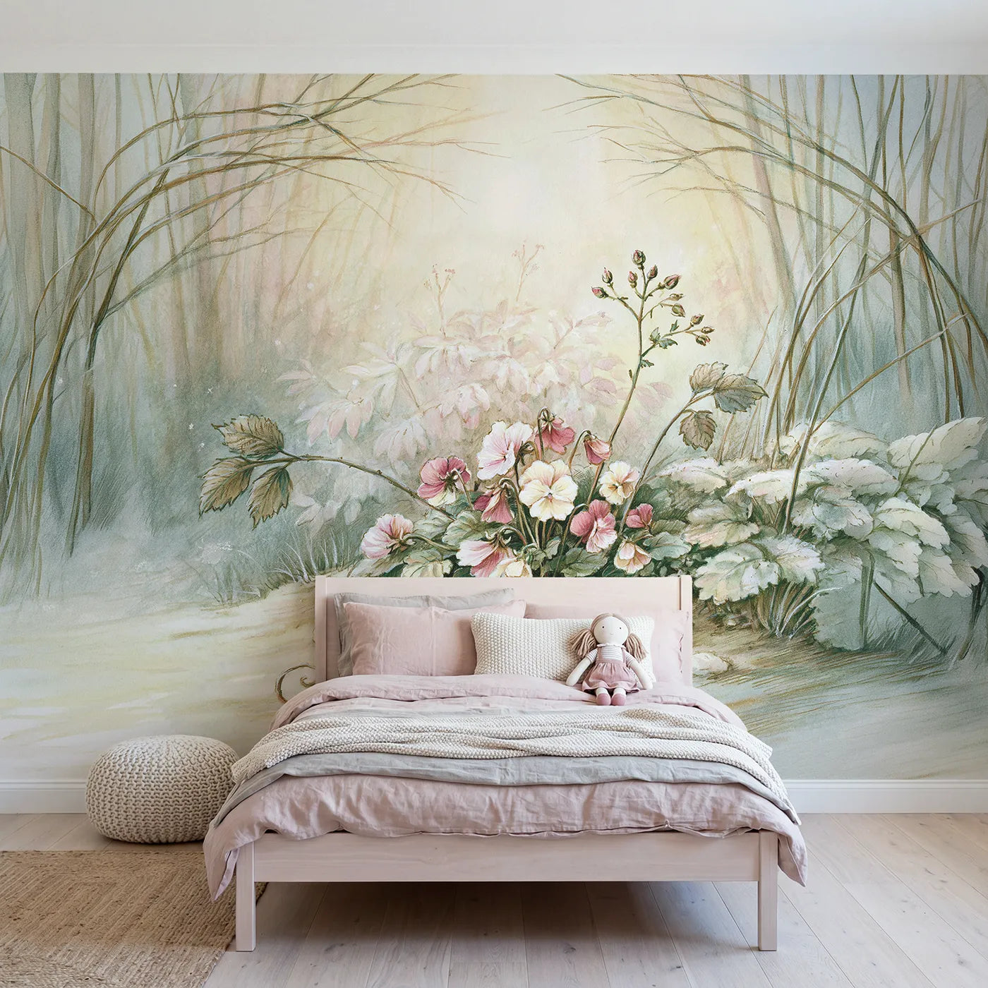 Storybook wall mural of a friendly flower patch by Whimsy Tots