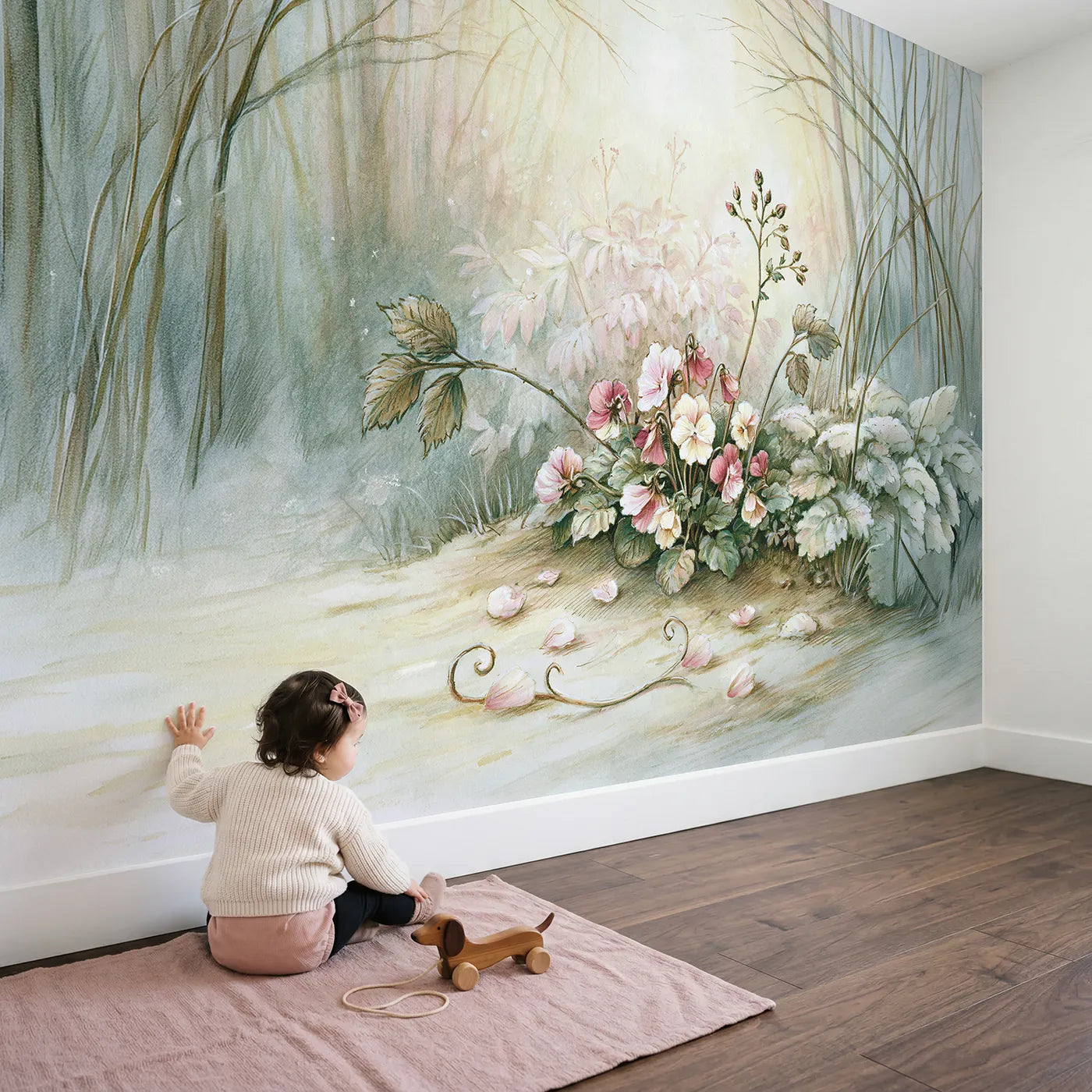 Child in nursery with Friendly Flower Patch Wallpaper Mural by Whimsy Tots