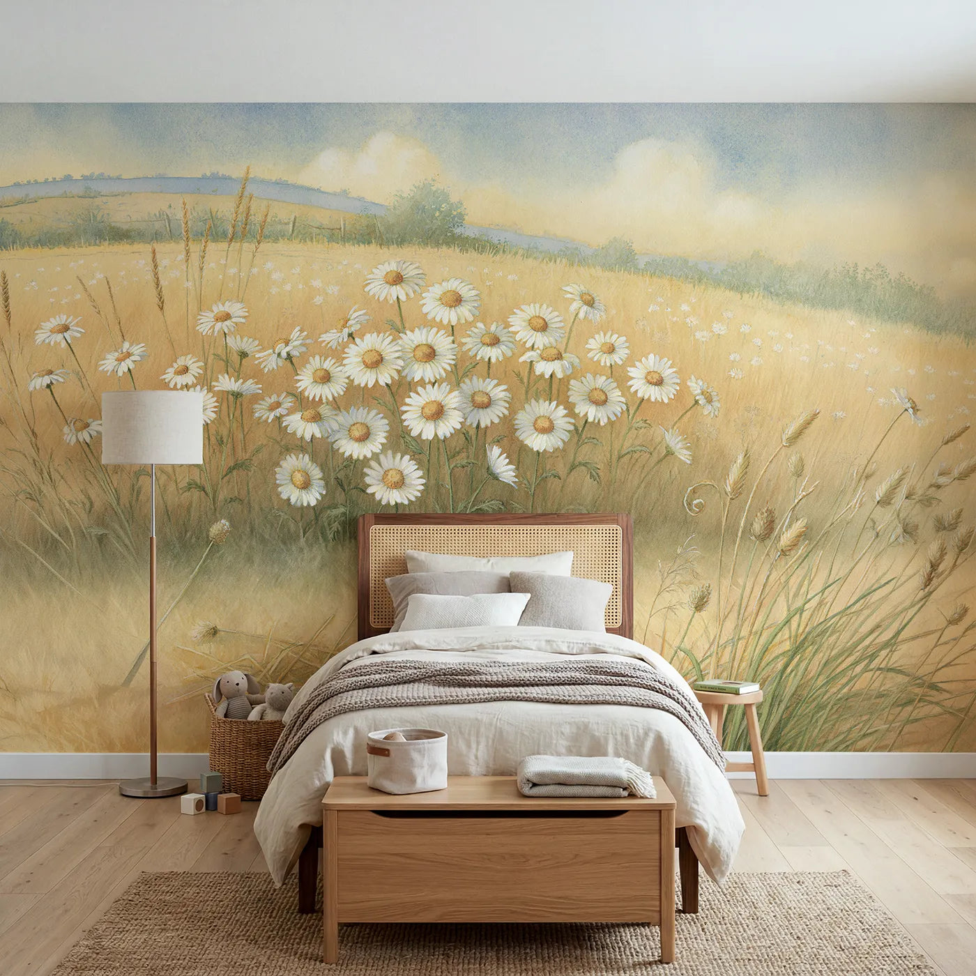 Storybook wall mural of a cheerful daisy field by Whimsy Tots