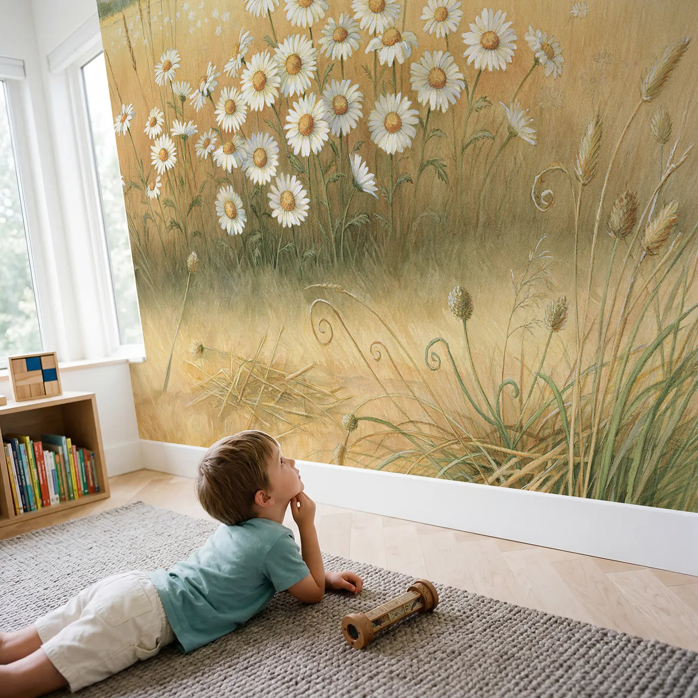 Child in nursery with Cheerful Daisy Field Wallpaper Mural by Whimsy Tots